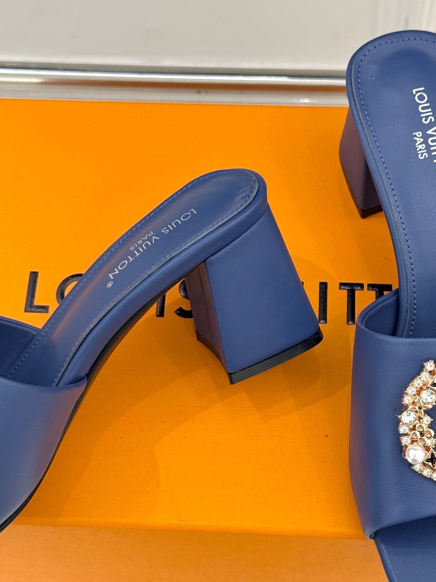 LV Madeleine Mule – Blue Satin & Embellished Tweed with Crystal Brooch