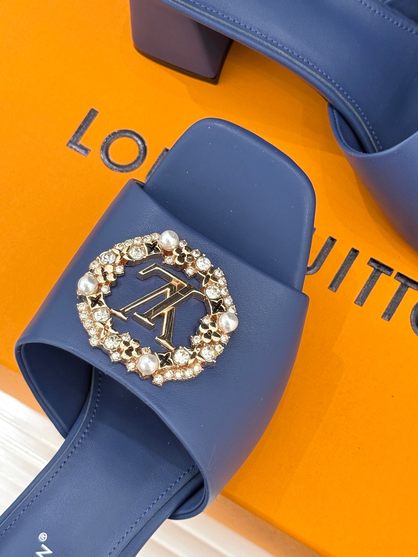 LV Madeleine Mule – Blue Satin & Embellished Tweed with Crystal Brooch