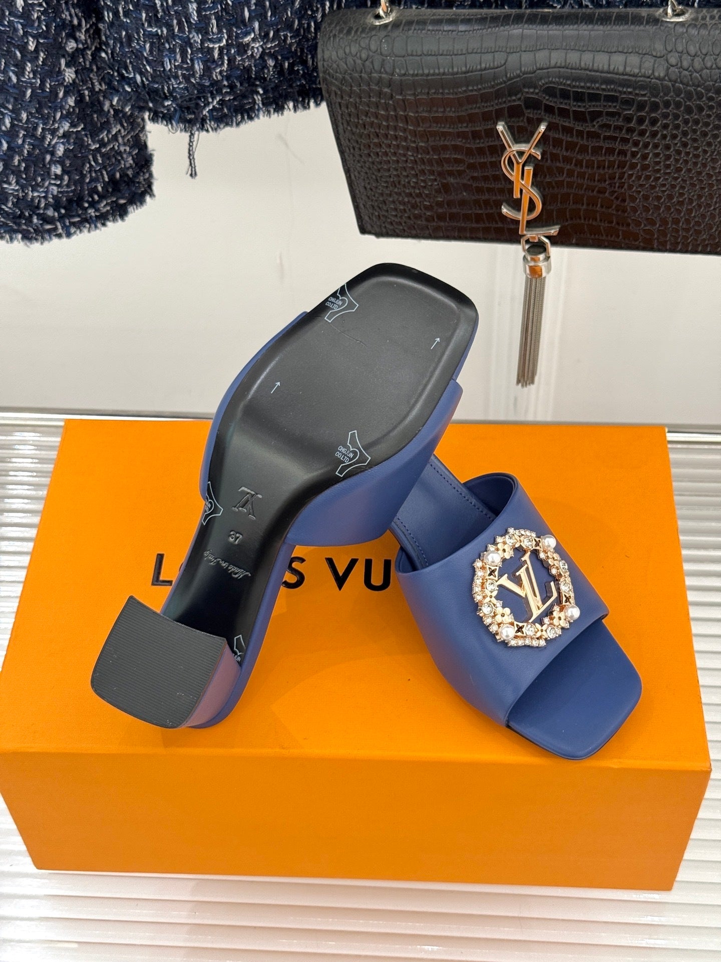 LV Madeleine Mule – Blue Satin & Embellished Tweed with Crystal Brooch