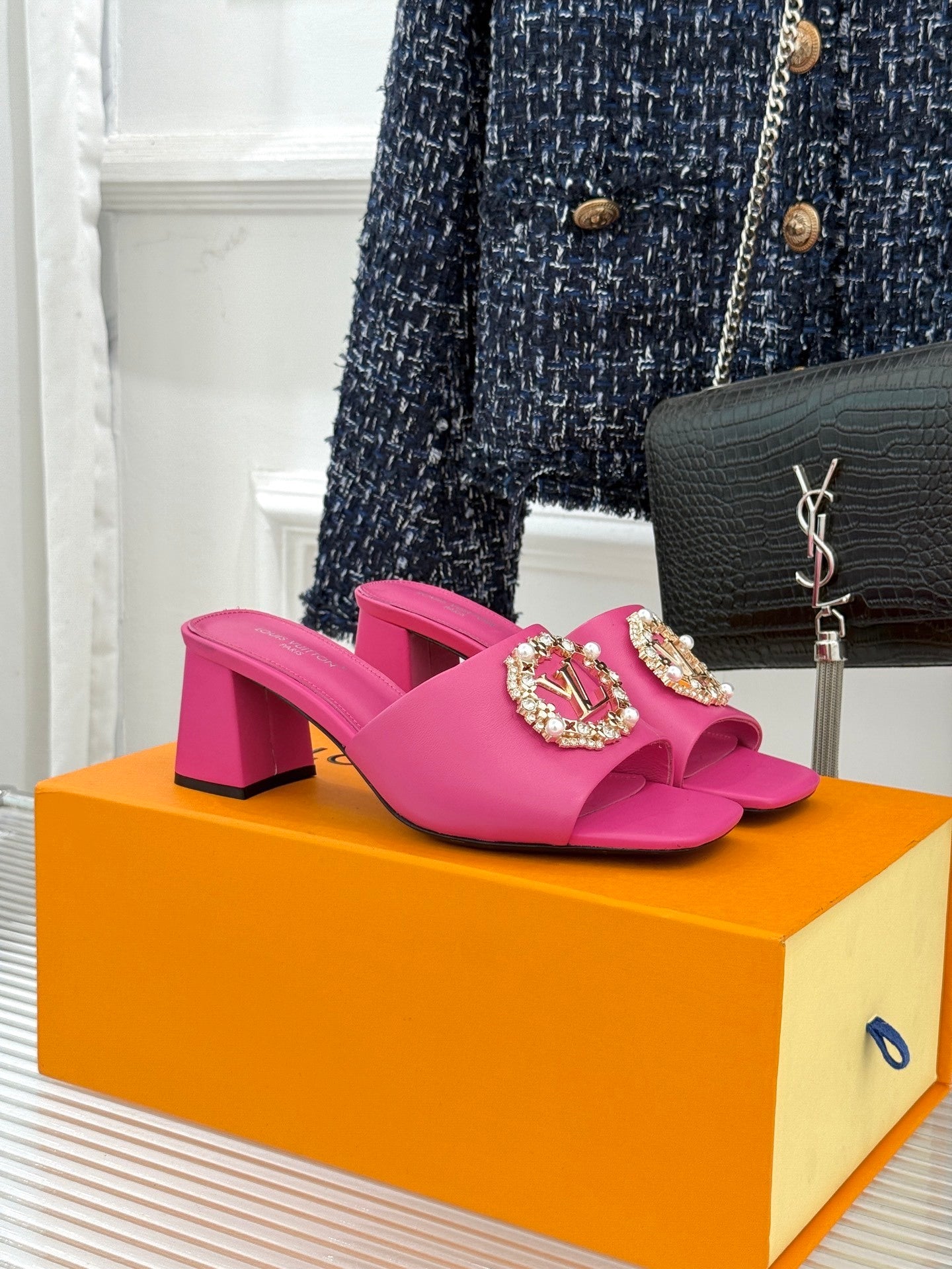 LV Madeleine Mule – Vibrant Pink Calfskin with Pearl & Crystal Brooch
