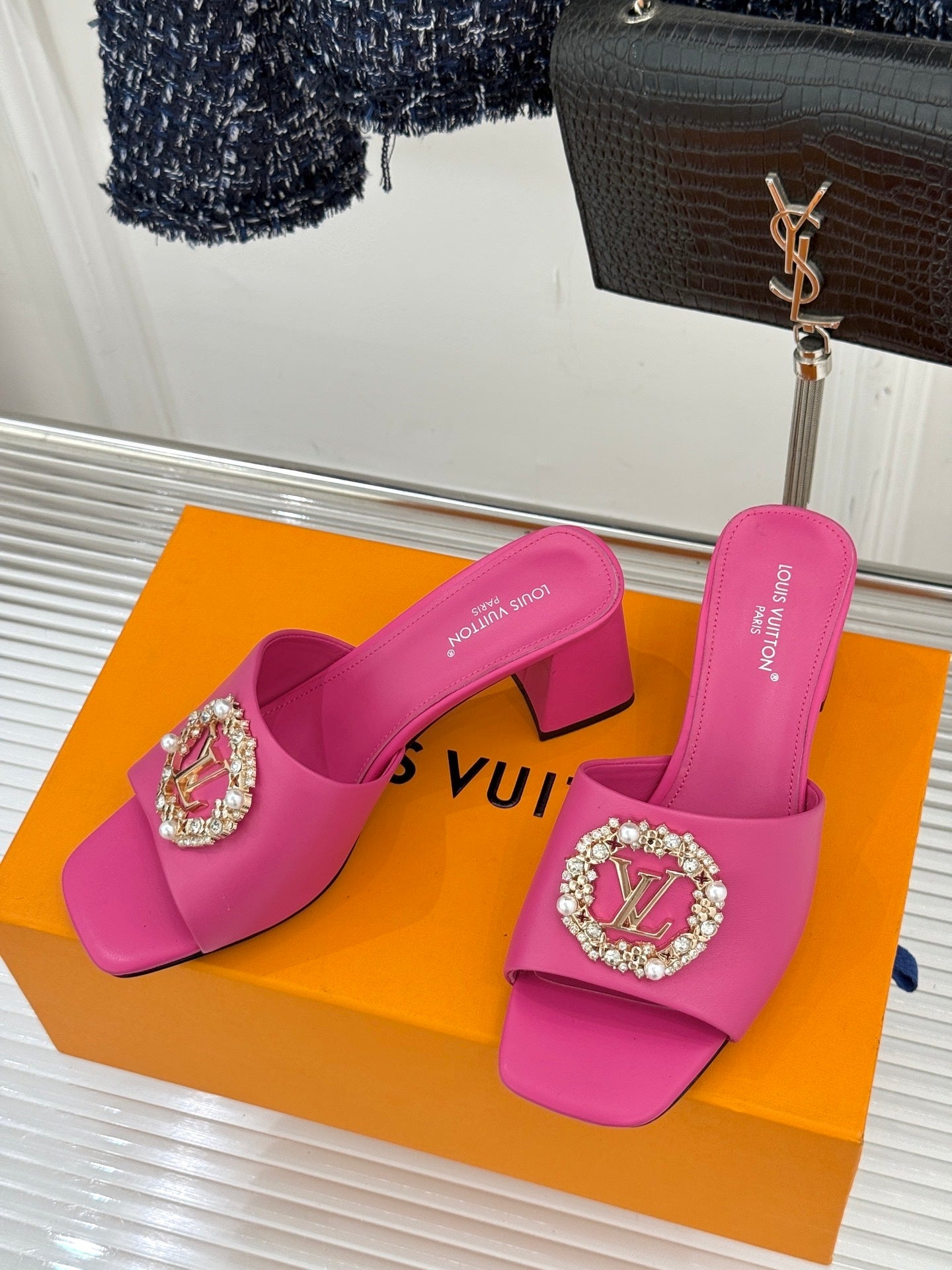 LV Madeleine Mule – Vibrant Pink Calfskin with Pearl & Crystal Brooch