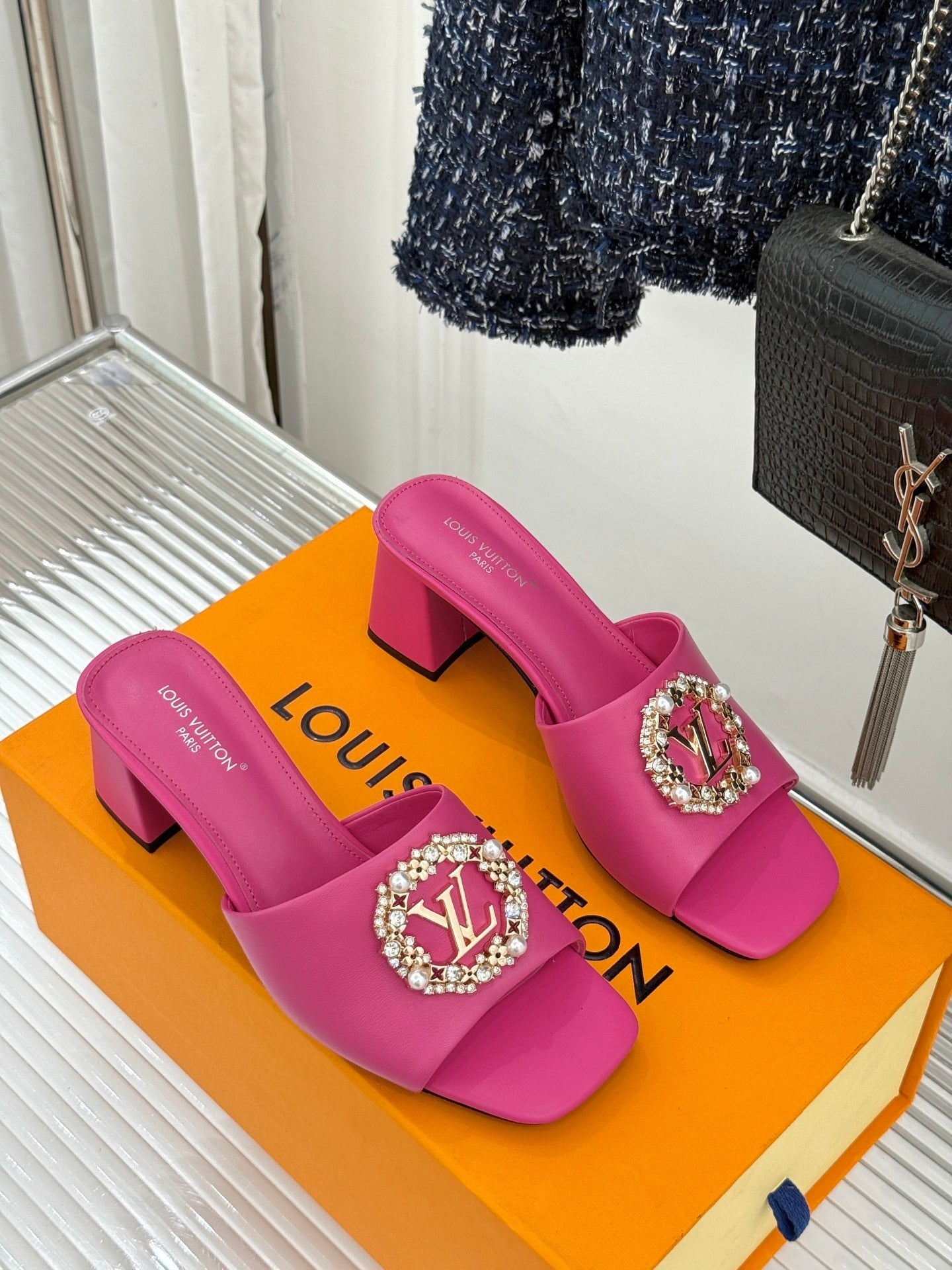 LV Madeleine Mule – Vibrant Pink Calfskin with Pearl & Crystal Brooch