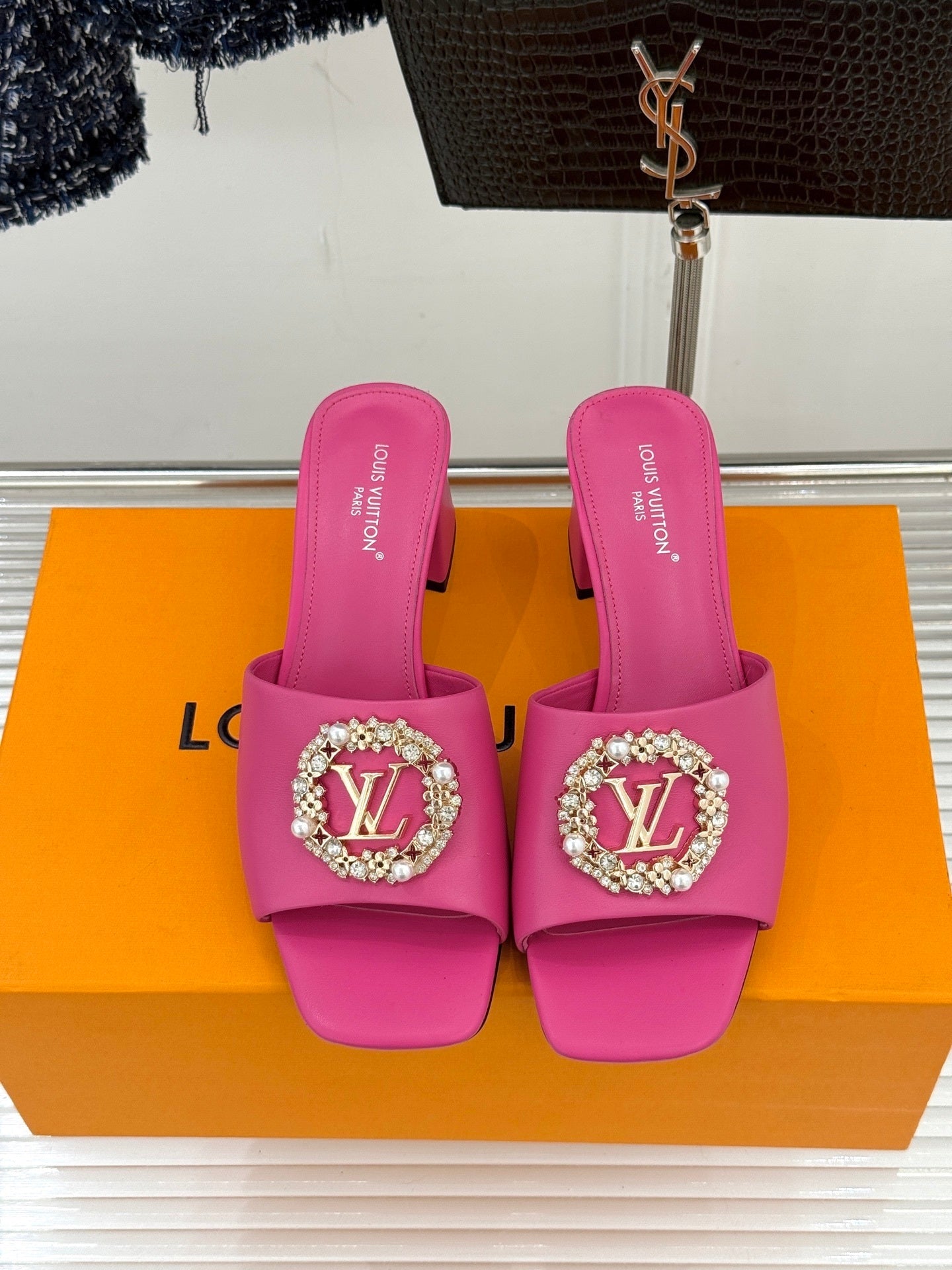 LV Madeleine Mule – Vibrant Pink Calfskin with Pearl & Crystal Brooch