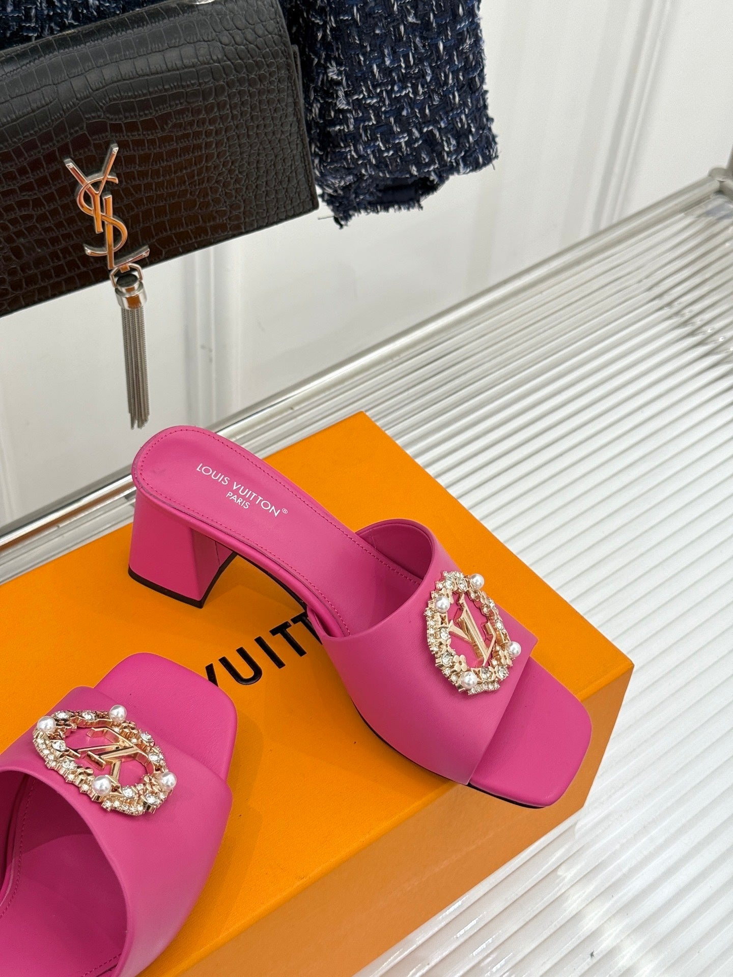 LV Madeleine Mule – Vibrant Pink Calfskin with Pearl & Crystal Brooch