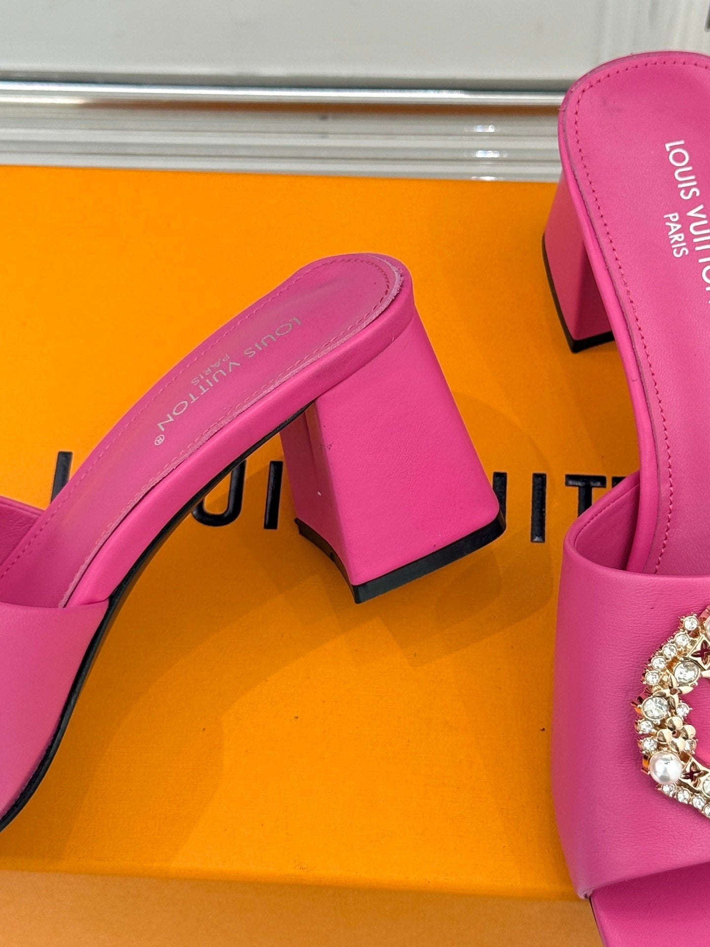 LV Madeleine Mule – Vibrant Pink Calfskin with Pearl & Crystal Brooch