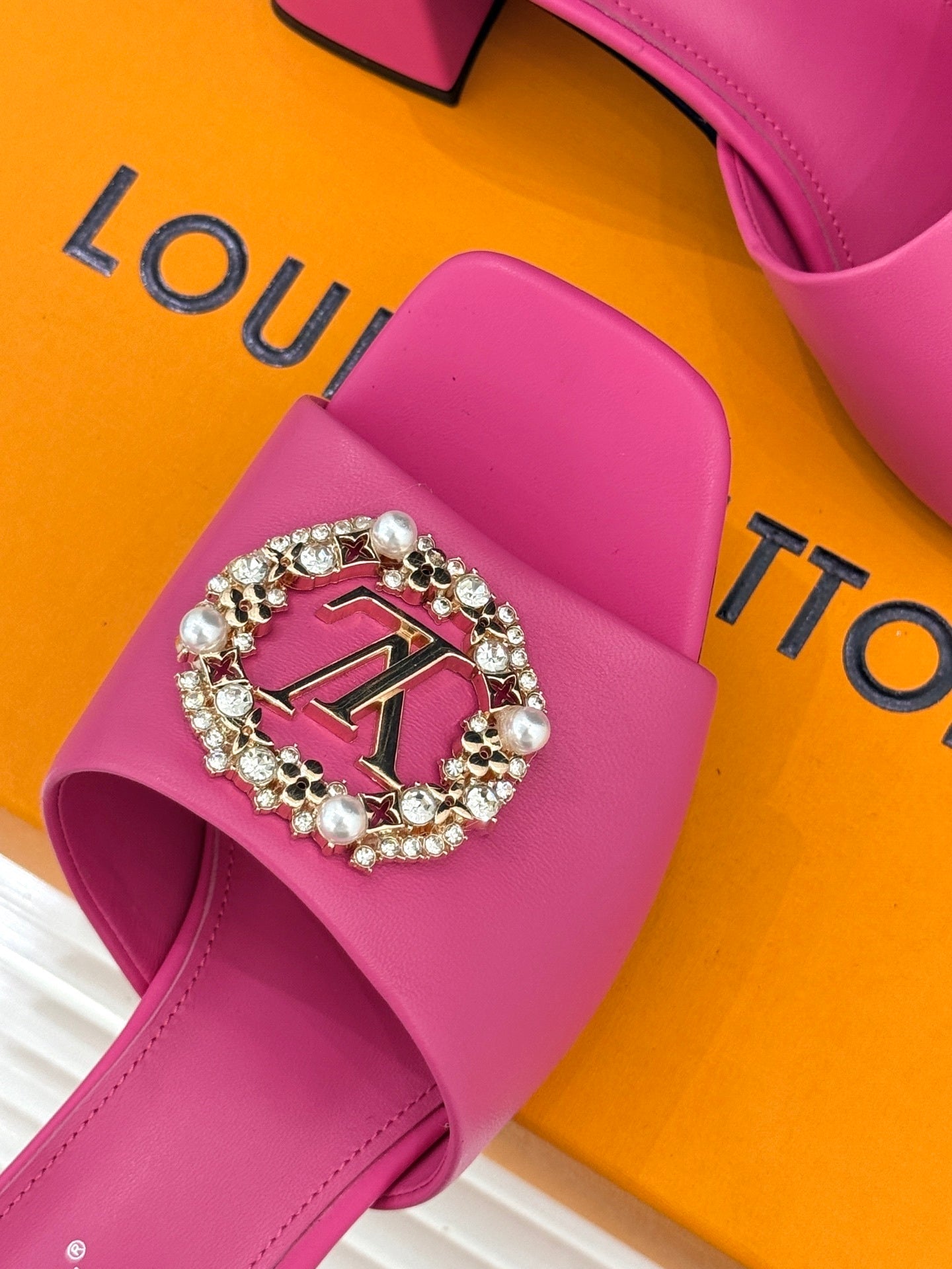 LV Madeleine Mule – Vibrant Pink Calfskin with Pearl & Crystal Brooch
