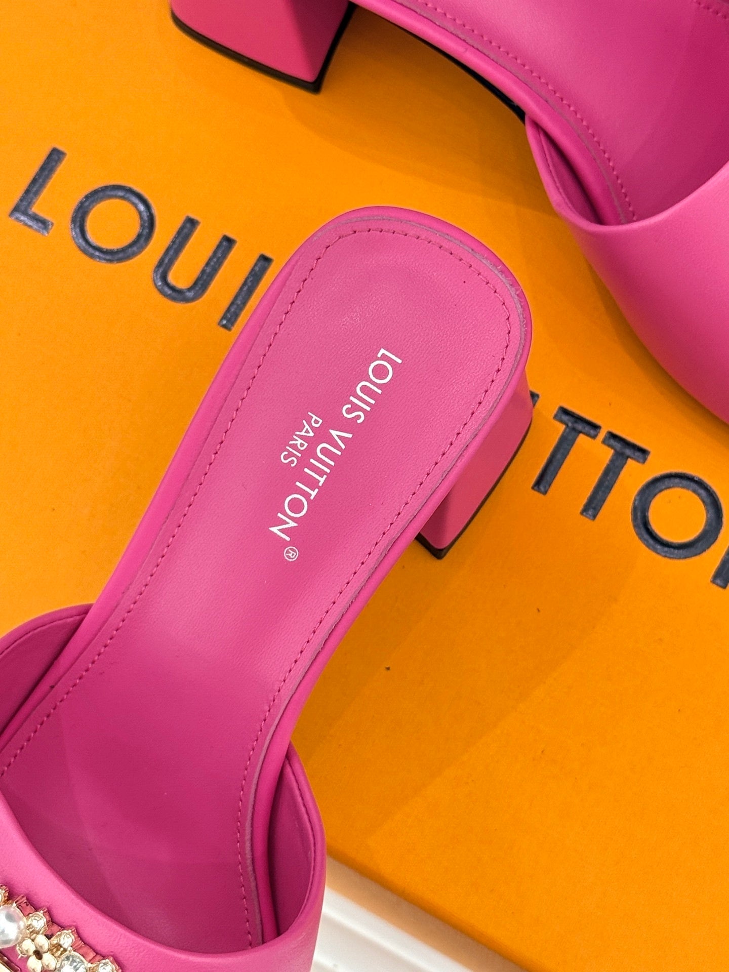 LV Madeleine Mule – Vibrant Pink Calfskin with Pearl & Crystal Brooch