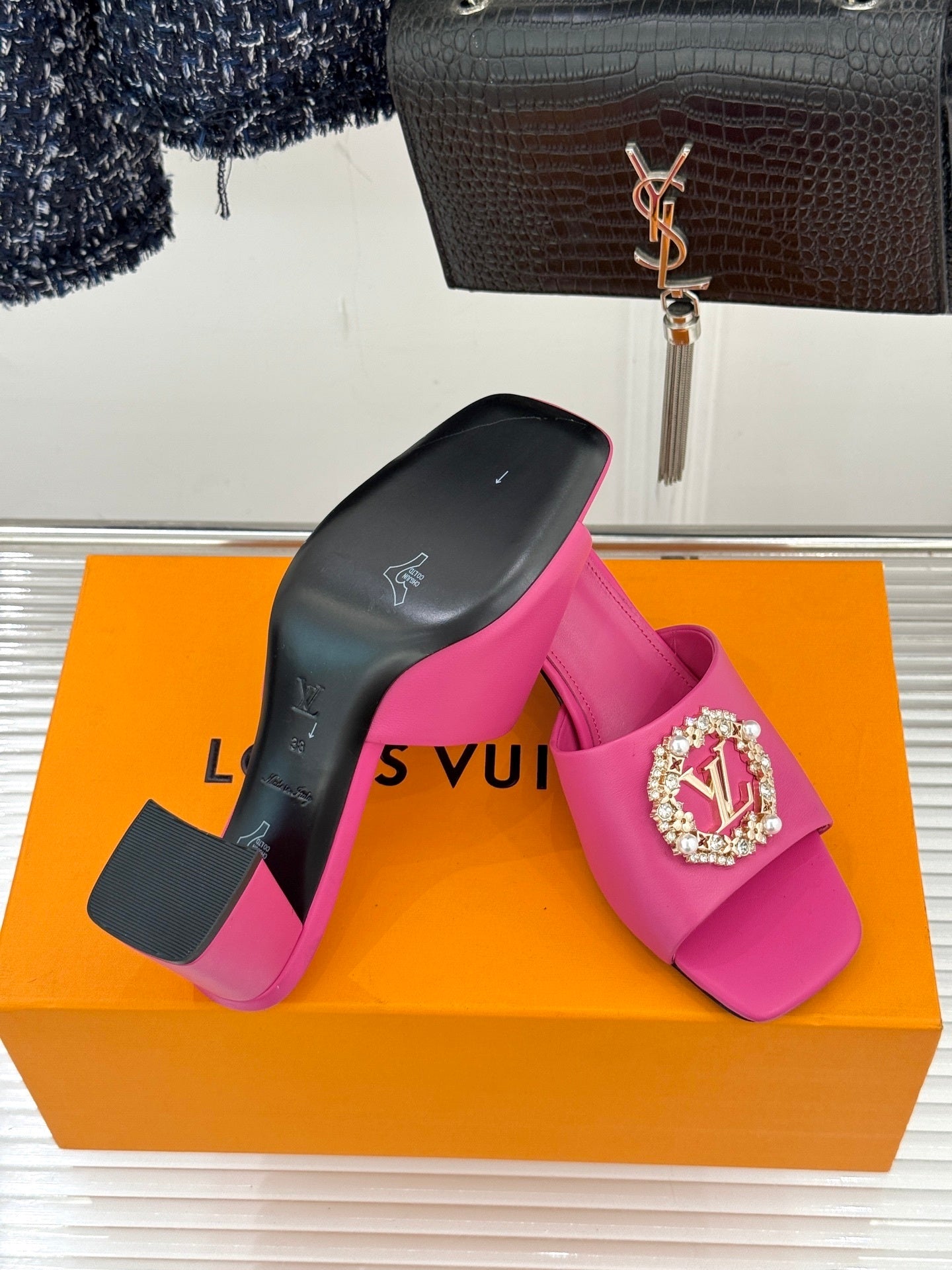 LV Madeleine Mule – Vibrant Pink Calfskin with Pearl & Crystal Brooch