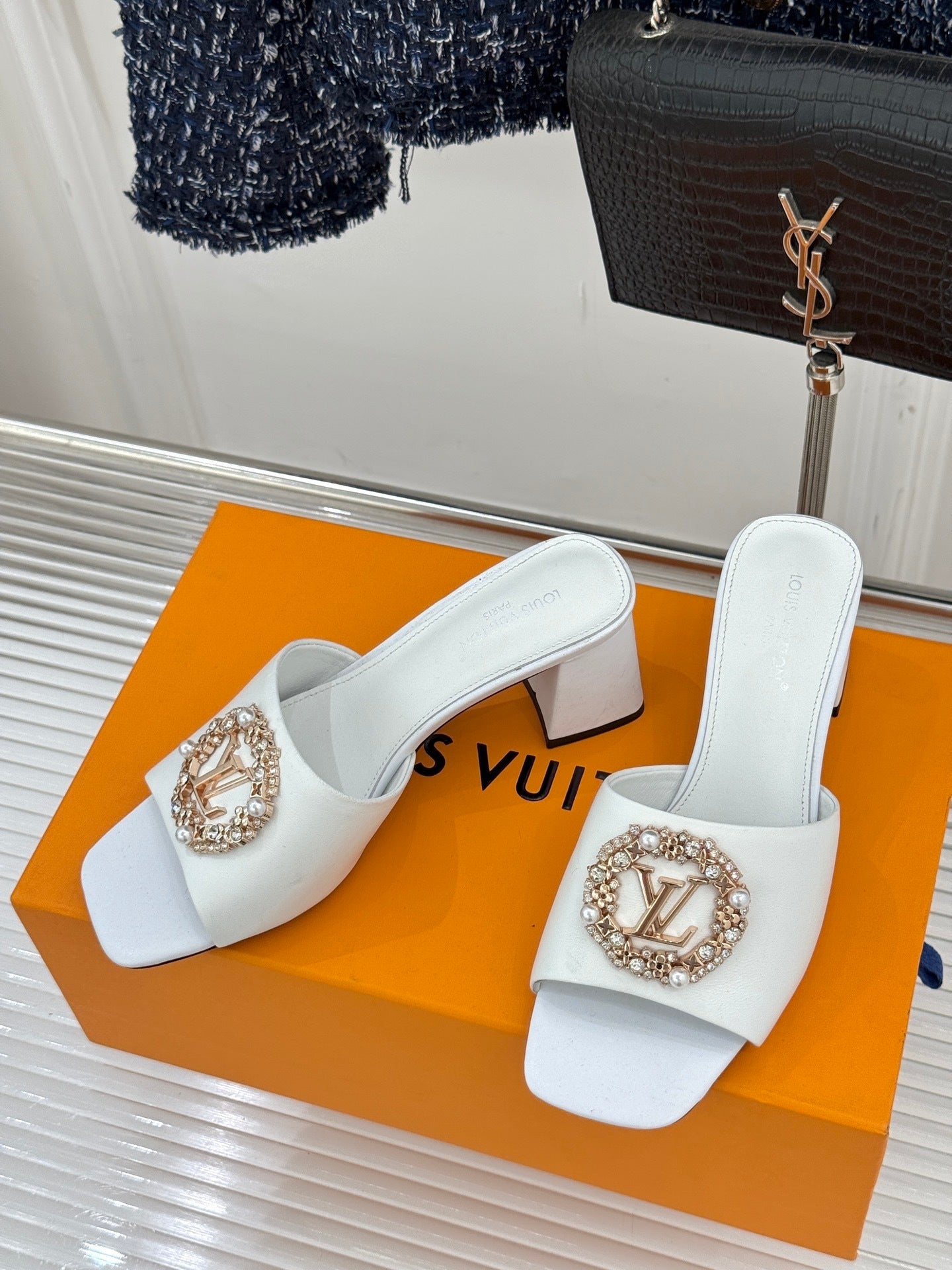 LV Madeleine Mule – Crystal & Pearl Brooch Block-Heel Slide