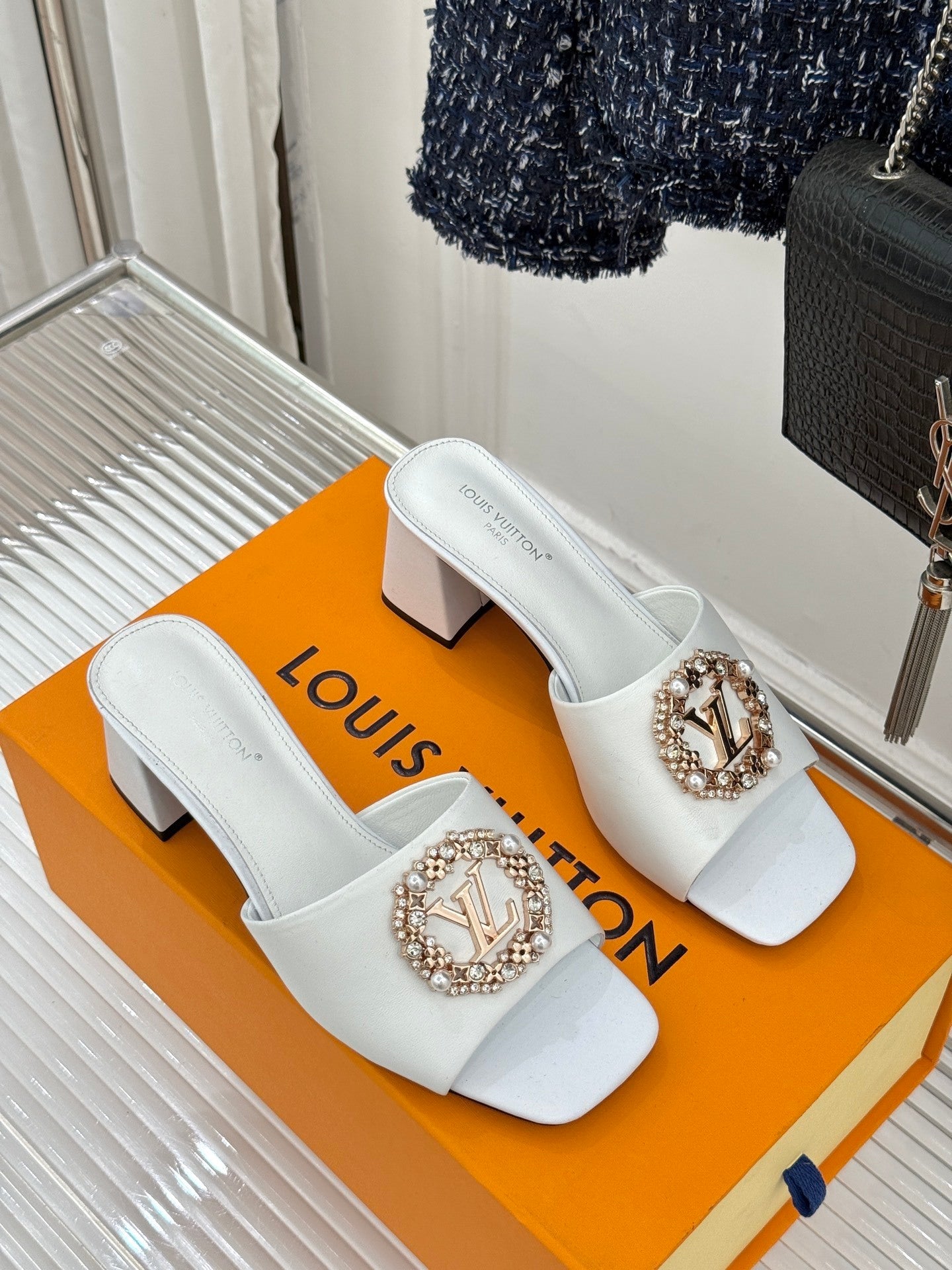 LV Madeleine Mule – Crystal & Pearl Brooch Block-Heel Slide