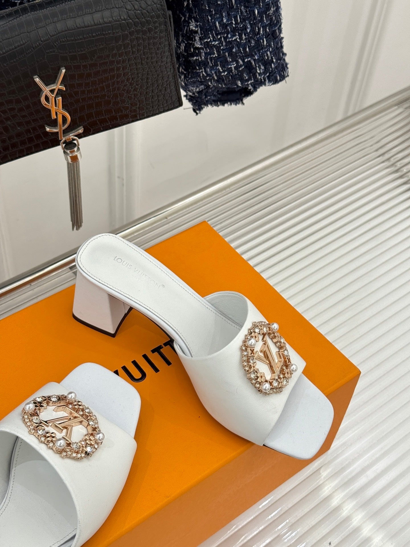 LV Madeleine Mule – Crystal & Pearl Brooch Block-Heel Slide