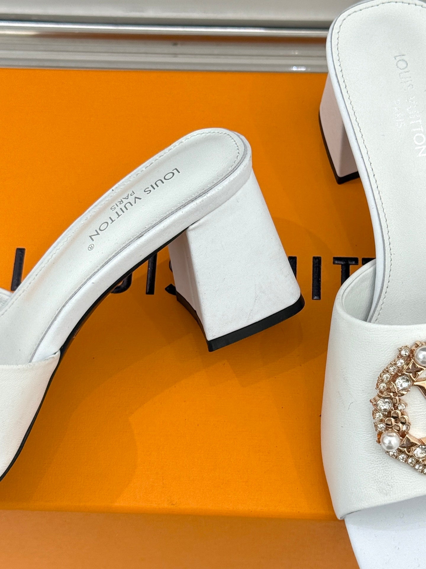 LV Madeleine Mule – Crystal & Pearl Brooch Block-Heel Slide