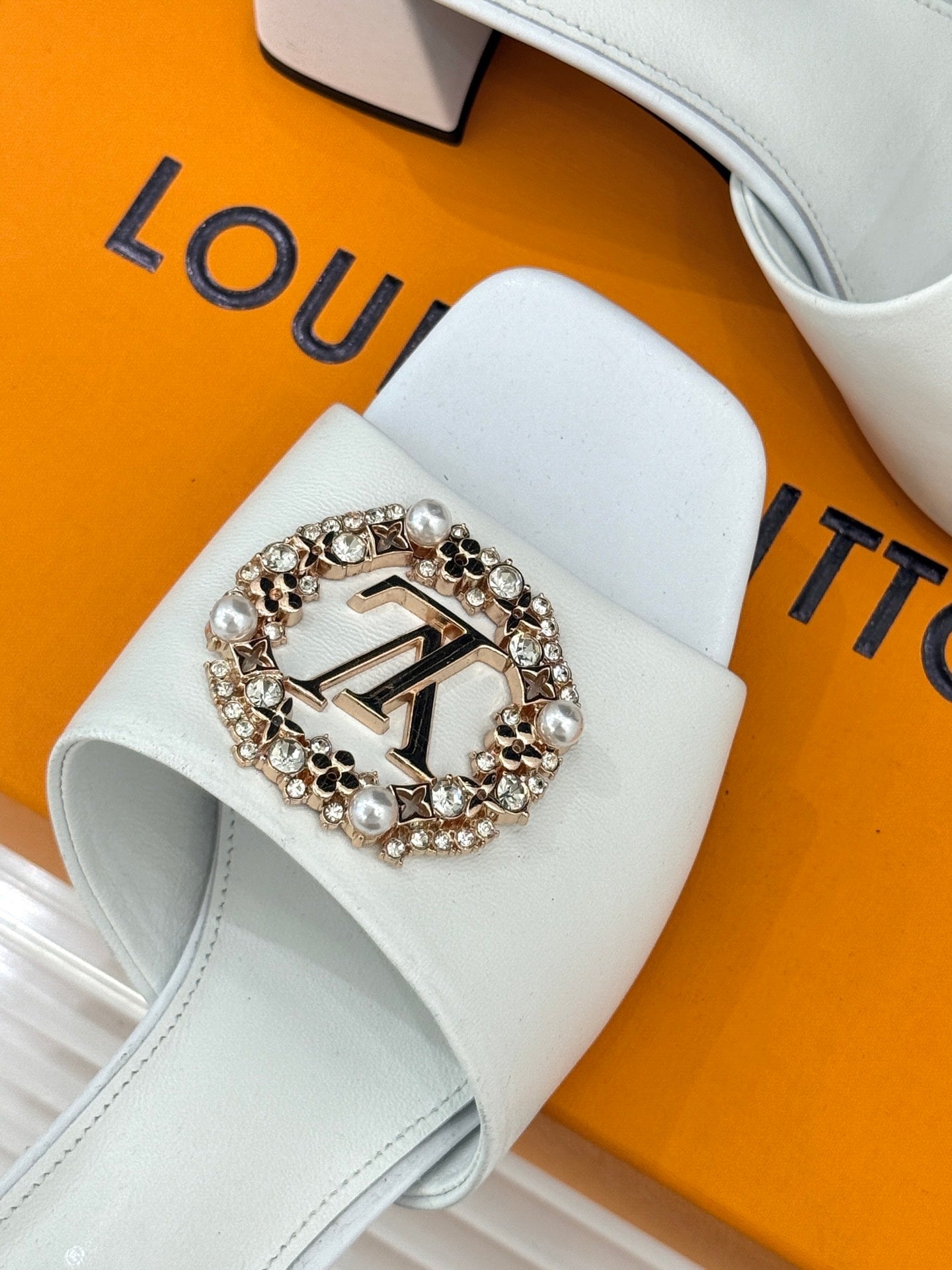 LV Madeleine Mule – Crystal & Pearl Brooch Block-Heel Slide