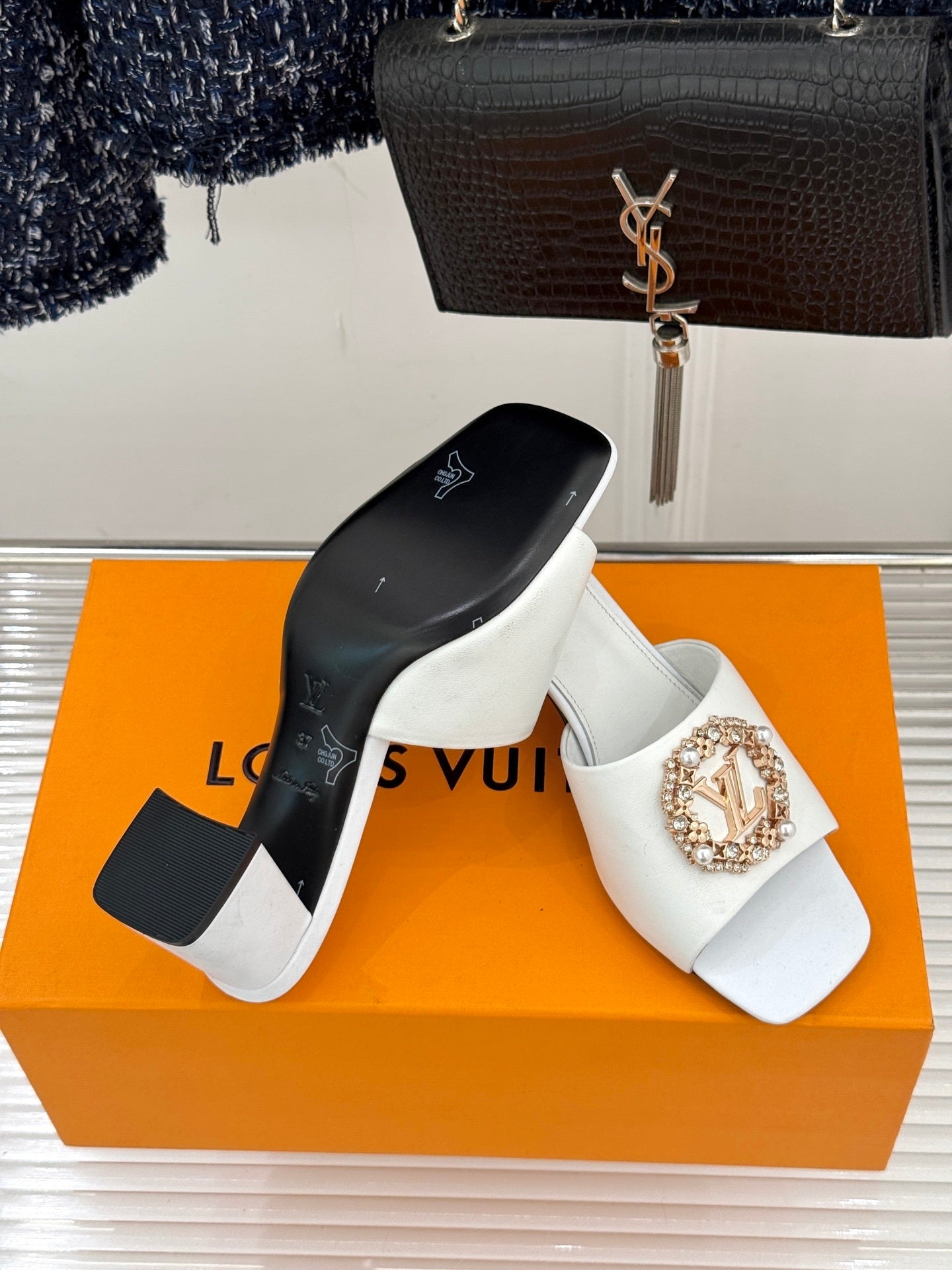 LV Madeleine Mule – Crystal & Pearl Brooch Block-Heel Slide