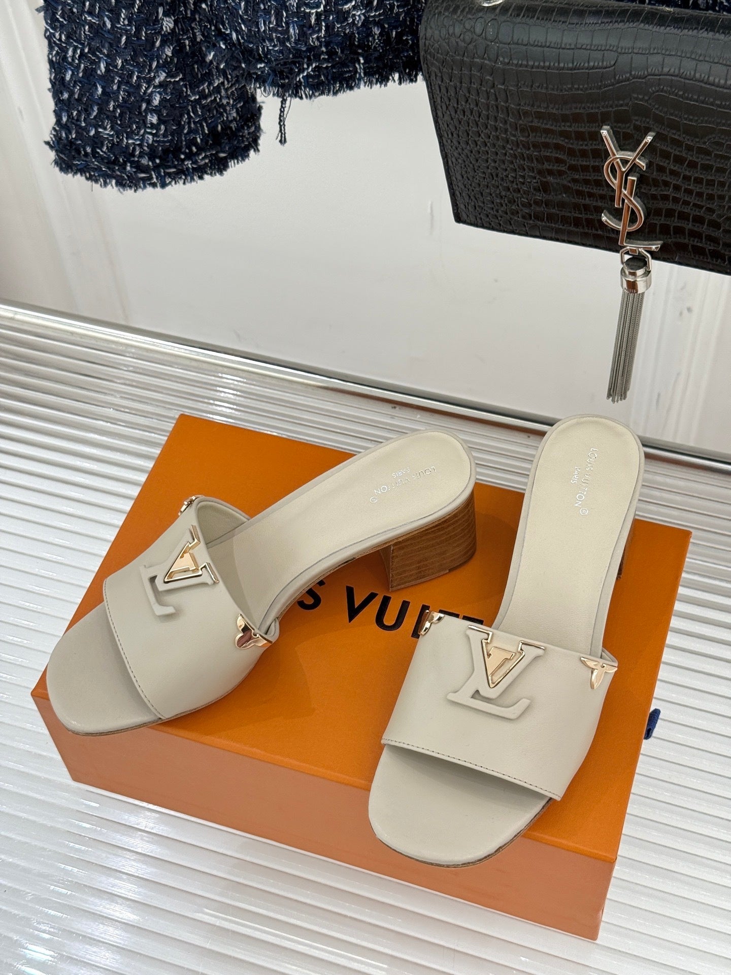 LV Capri Mule – Tonal LV Initials Block-Heel Slide in Beige