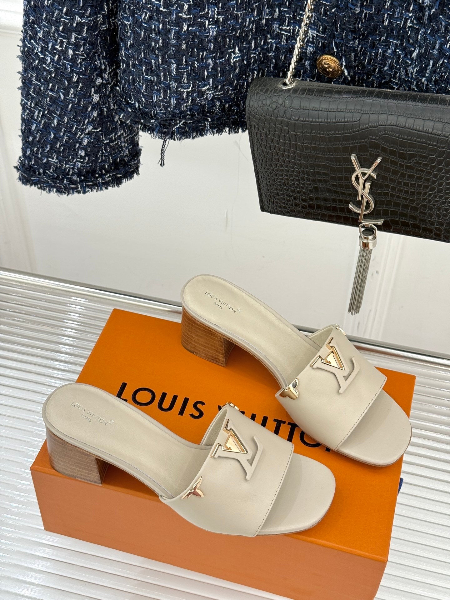 LV Capri Mule – Tonal LV Initials Block-Heel Slide in Beige