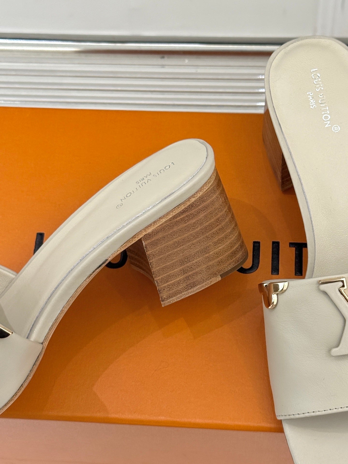 LV Capri Mule – Tonal LV Initials Block-Heel Slide in Beige