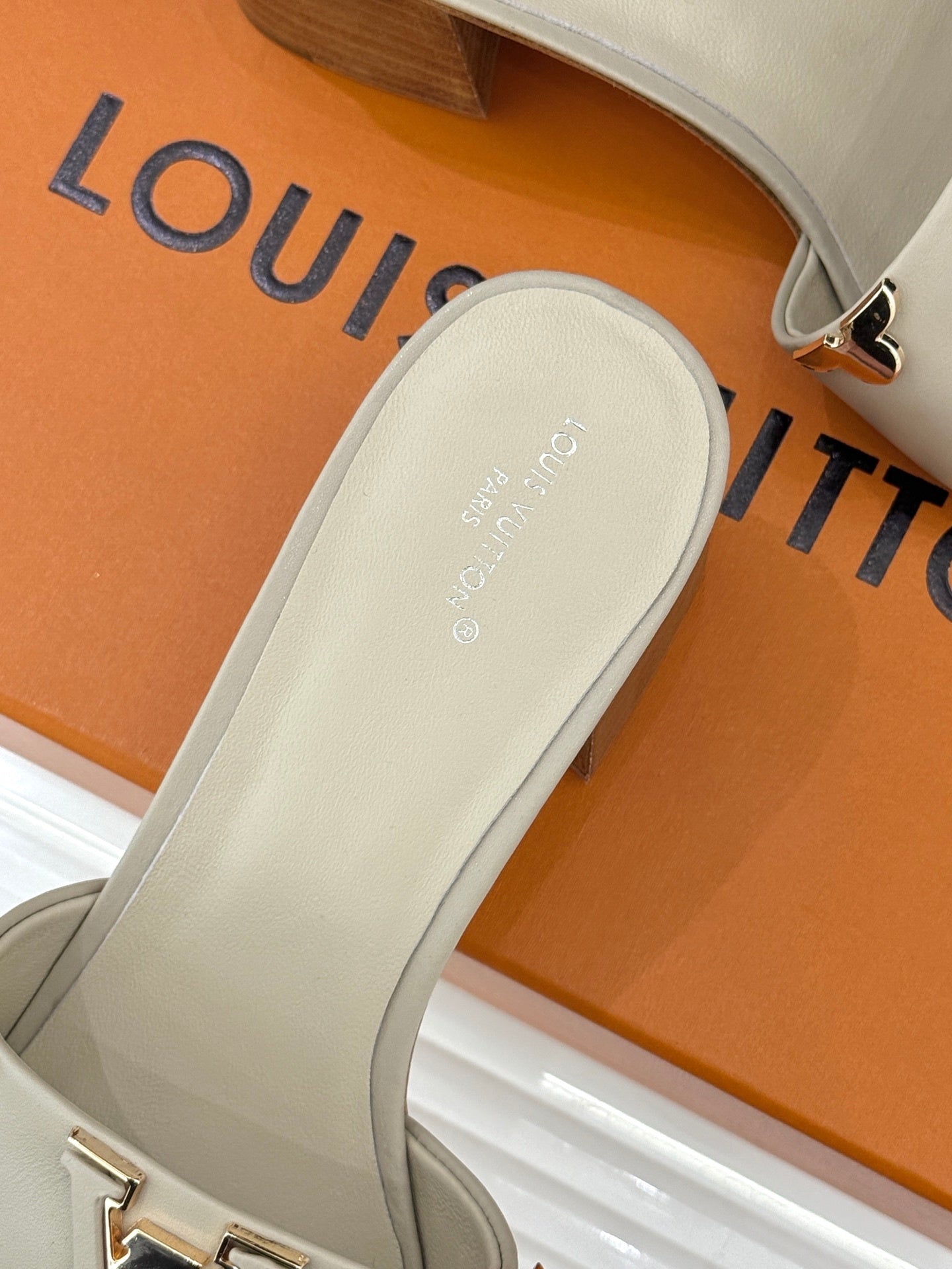 LV Capri Mule – Tonal LV Initials Block-Heel Slide in Beige