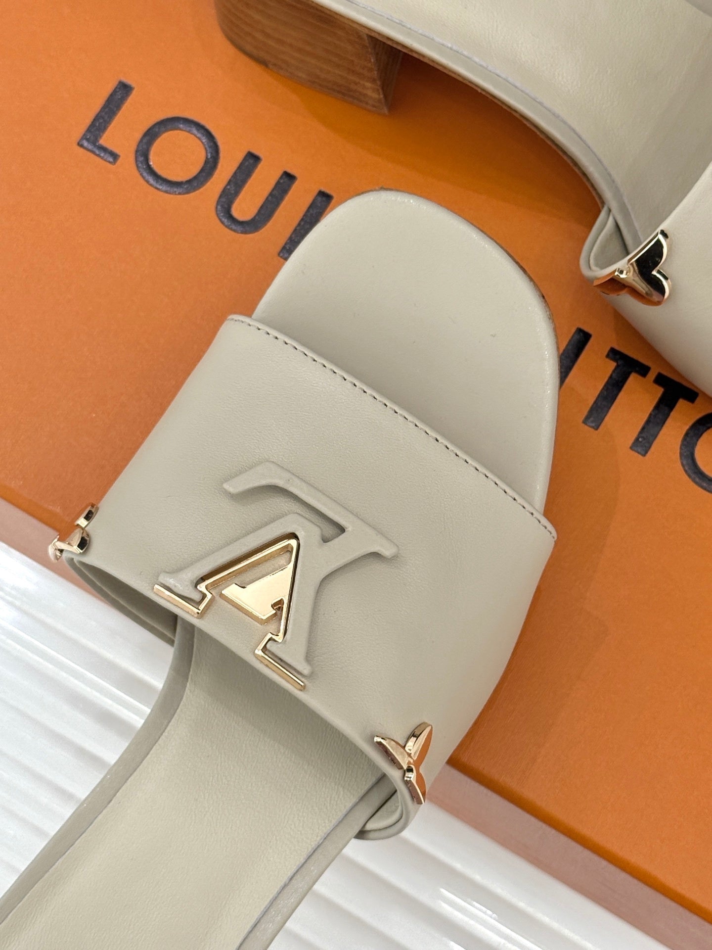 LV Capri Mule – Tonal LV Initials Block-Heel Slide in Beige