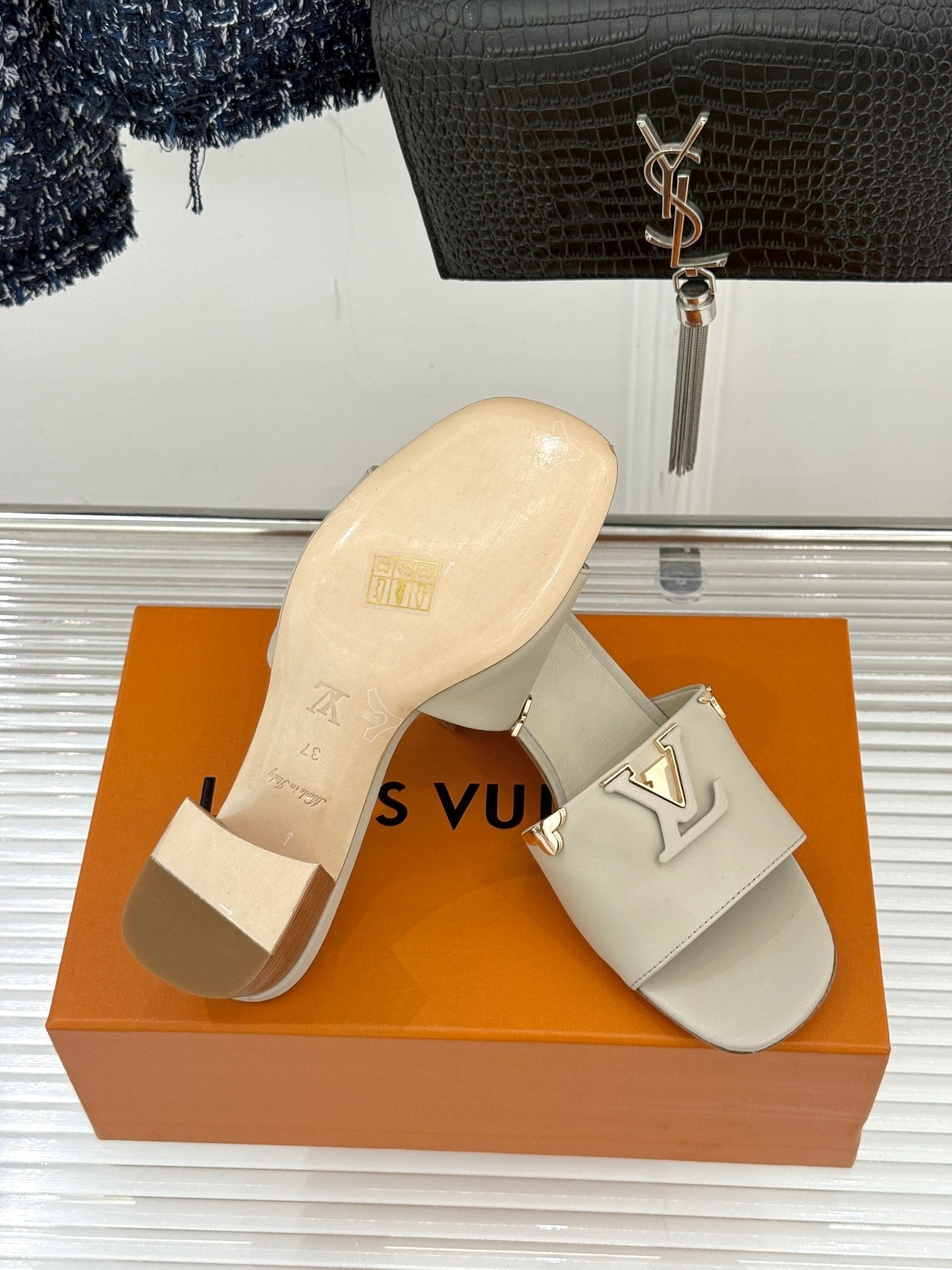 LV Capri Mule – Tonal LV Initials Block-Heel Slide in Beige