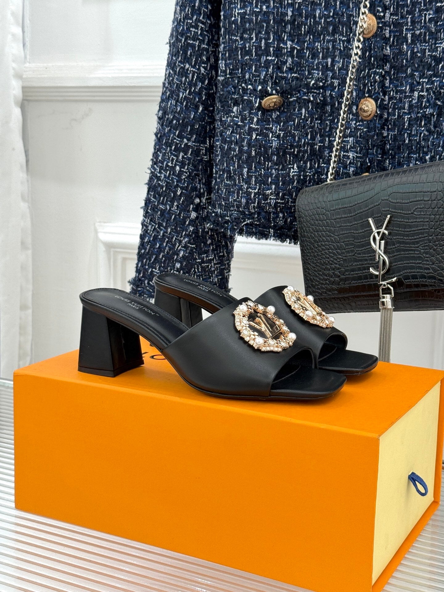 LV Madeleine Mule Sandals – Black Satin with Crystal LV Initials