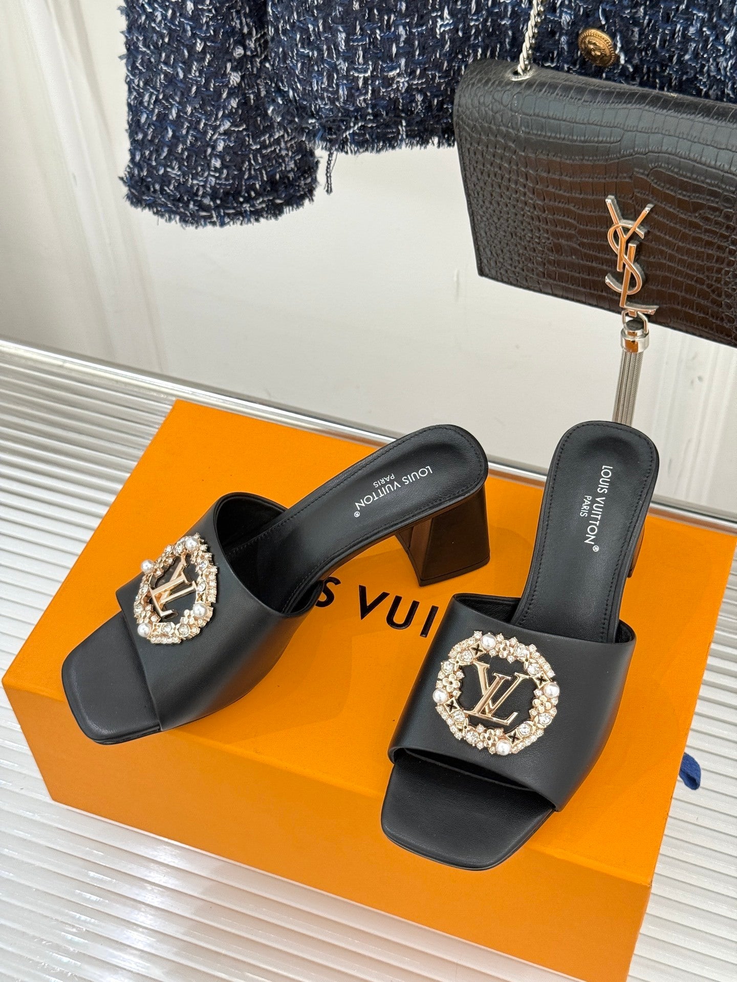 LV Madeleine Mule Sandals – Black Satin with Crystal LV Initials