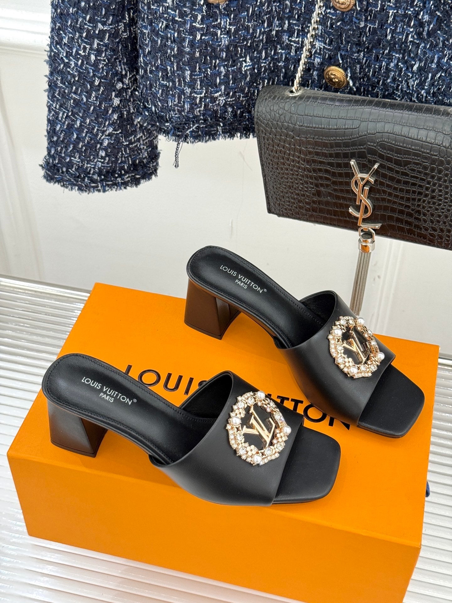 LV Madeleine Mule Sandals – Black Satin with Crystal LV Initials