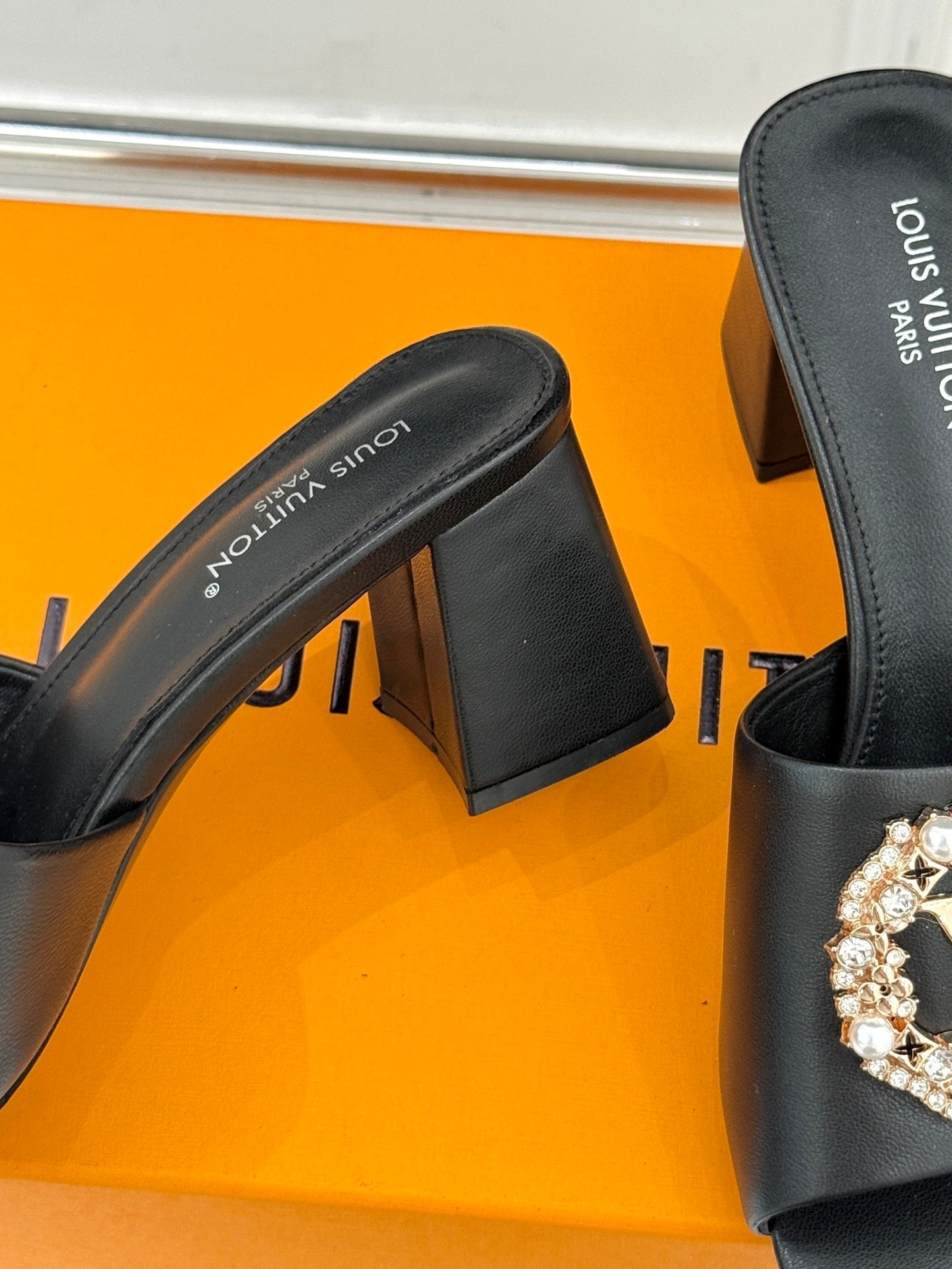 LV Madeleine Mule Sandals – Black Satin with Crystal LV Initials