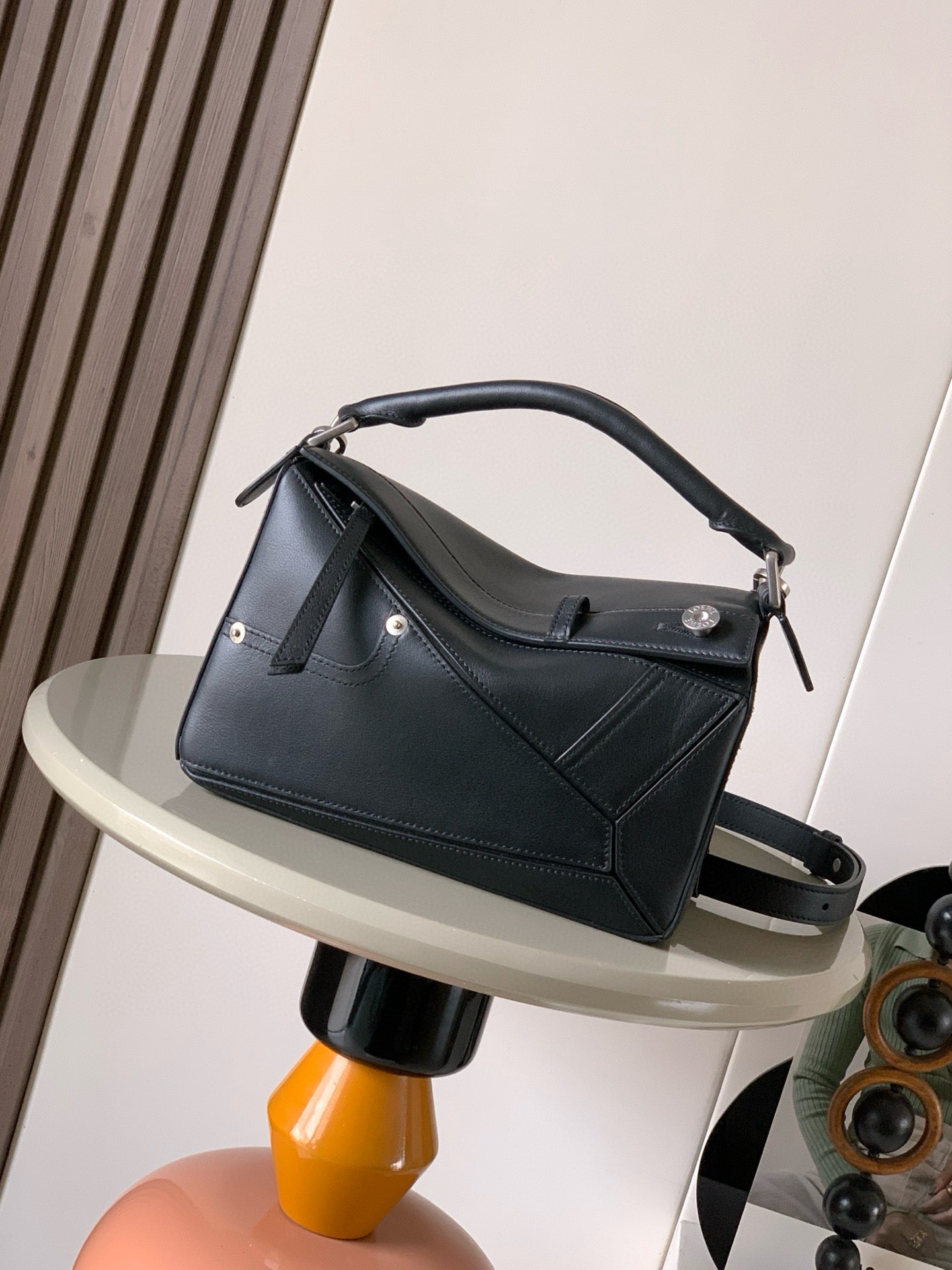 Puzzle Edge Shoulder Bag – Deep Midnight Indigo Calfskin Leather Cuboid Handbag