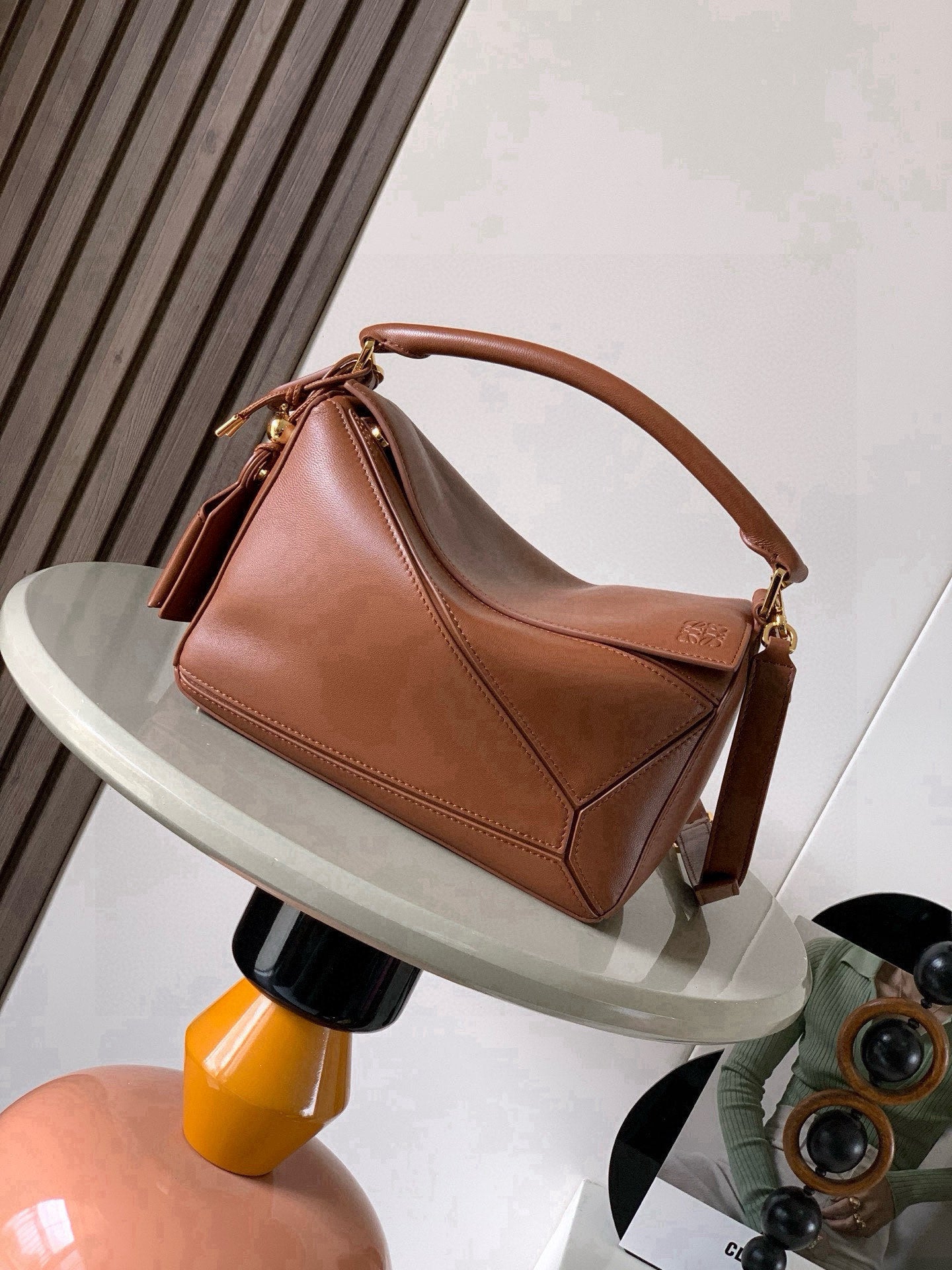 Chestnut Brown Puzzle Edge Shoulder Bag – Full-Grain Calfskin Leather Cuboid Handbag