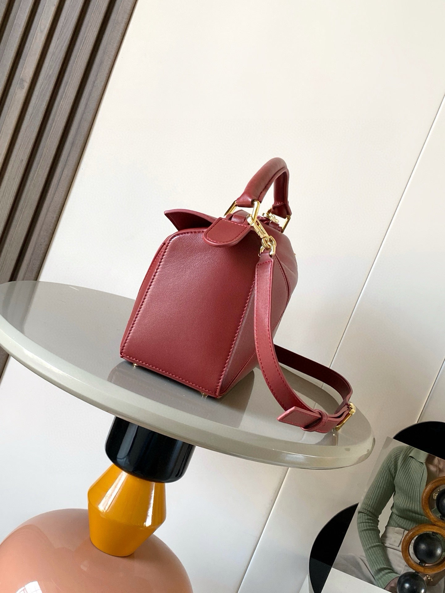 Puzzle Edge Shoulder Bag – Moody Burgundy Wine Calfskin Leather Cuboid Handbag