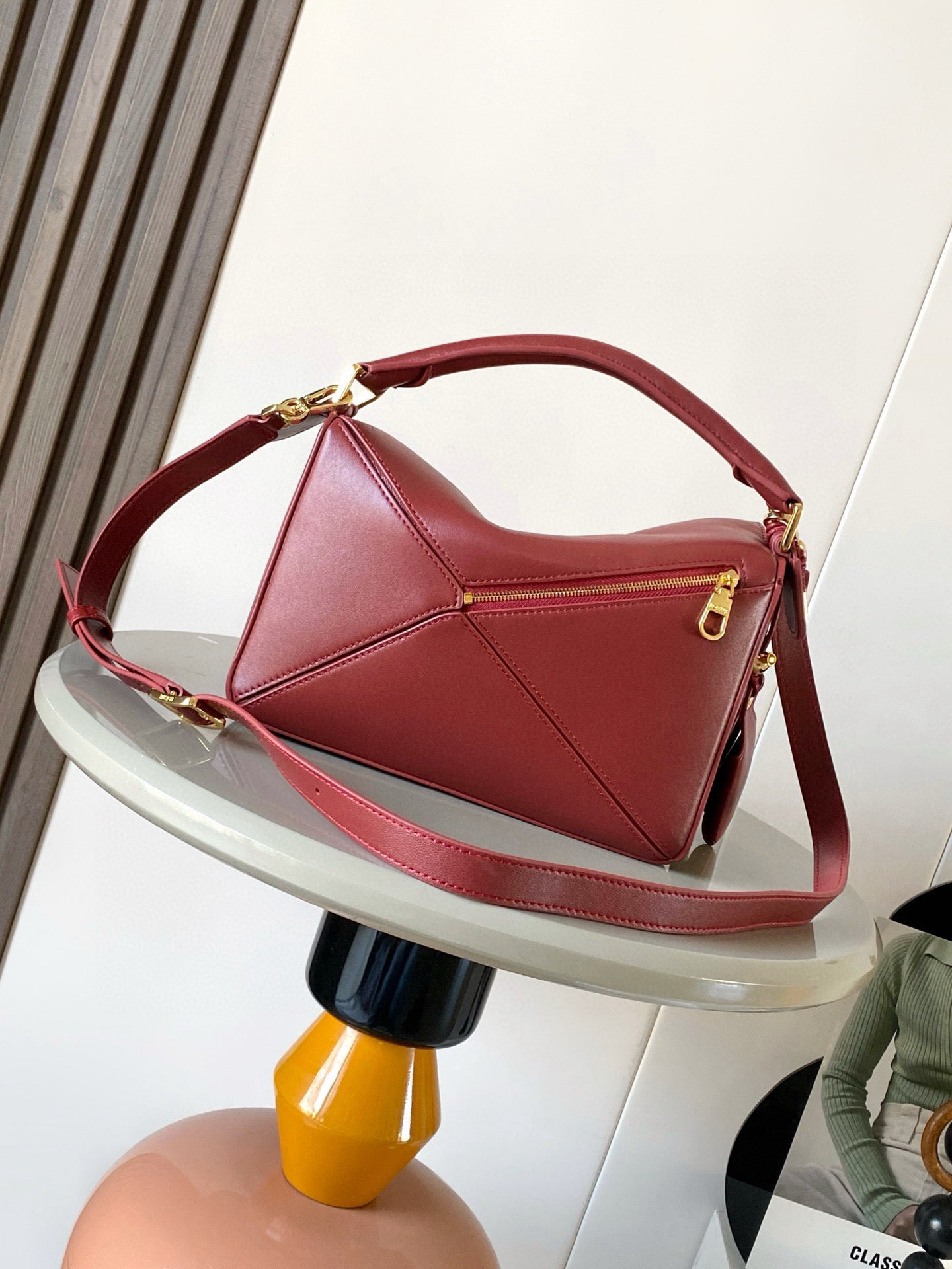Puzzle Edge Shoulder Bag – Moody Burgundy Wine Calfskin Leather Cuboid Handbag