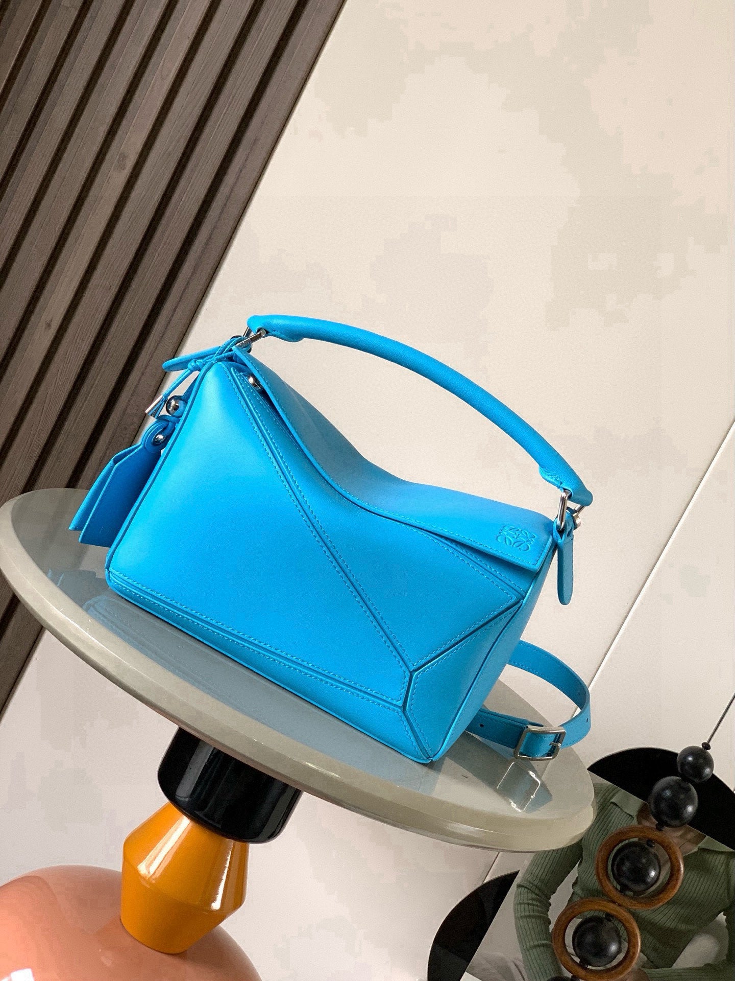 Puzzle Edge Shoulder Bag – Electric Cyan Blue Full-Grain Calfskin Leather Cuboid Handbag