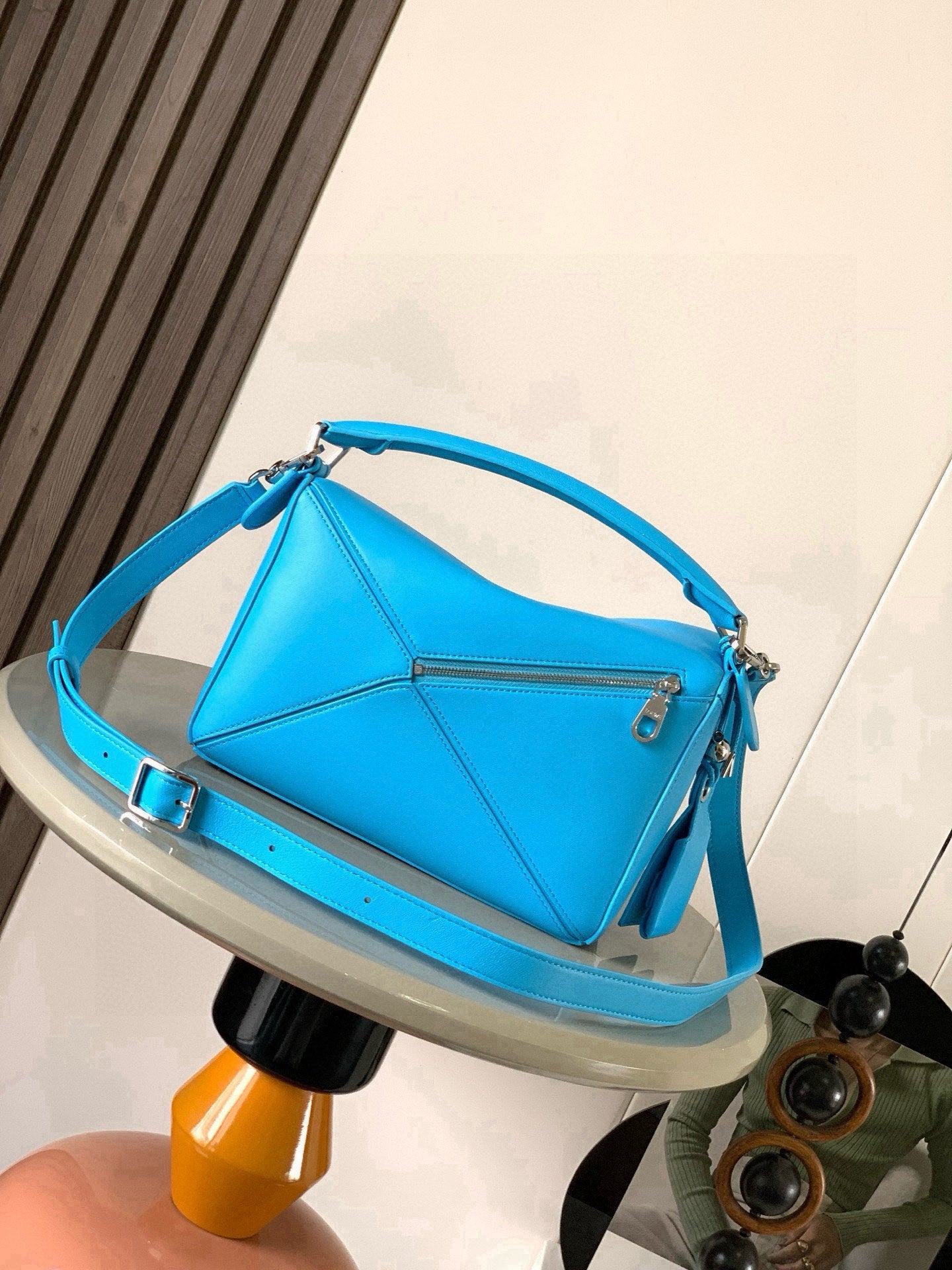 Puzzle Edge Shoulder Bag – Electric Cyan Blue Full-Grain Calfskin Leather Cuboid Handbag