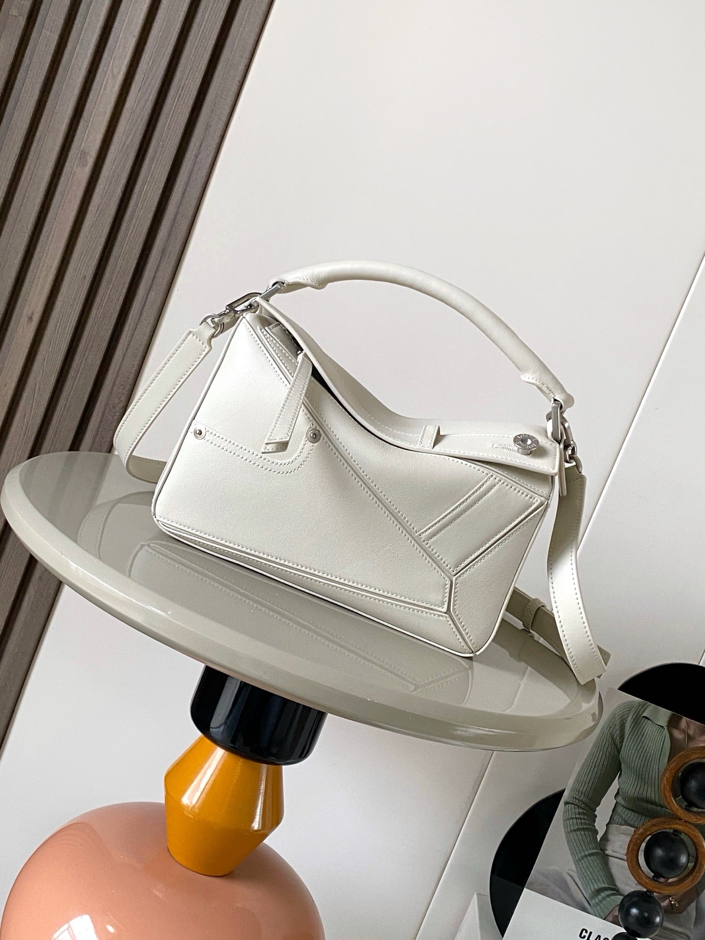 Puzzle Edge Shoulder Bag – Chalky Optic White Calfskin Leather Cuboid Handbag