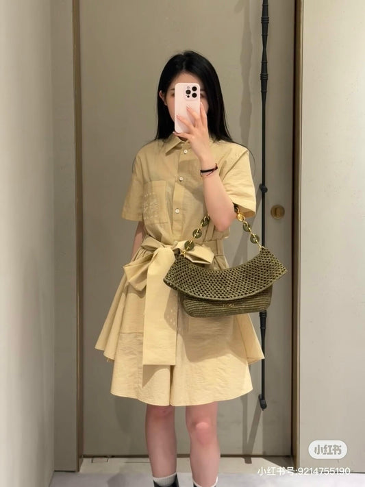 Belted Appliquéd Mini Shirt Dress – Sun-Yellow Breathable Cotton-Blend Poplin A-Line Silhouette