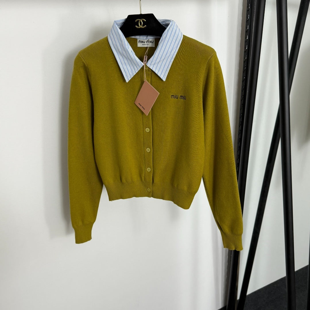 Detachable Collar Cashmere Cardigan – Slim-Fit Knit with Poplin Shirt Detail