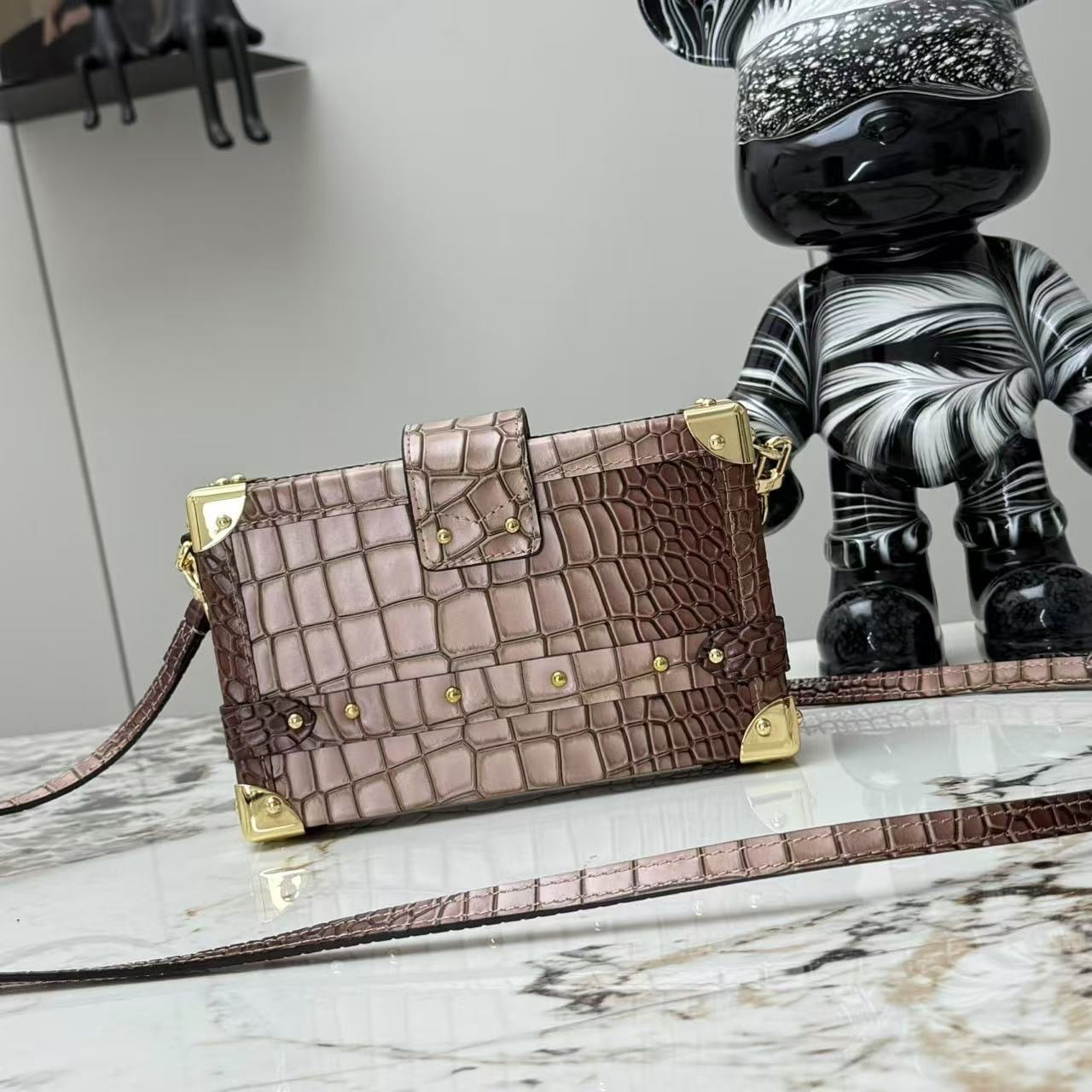 Petite Malle Crocodilian Leather Crossbody Bag