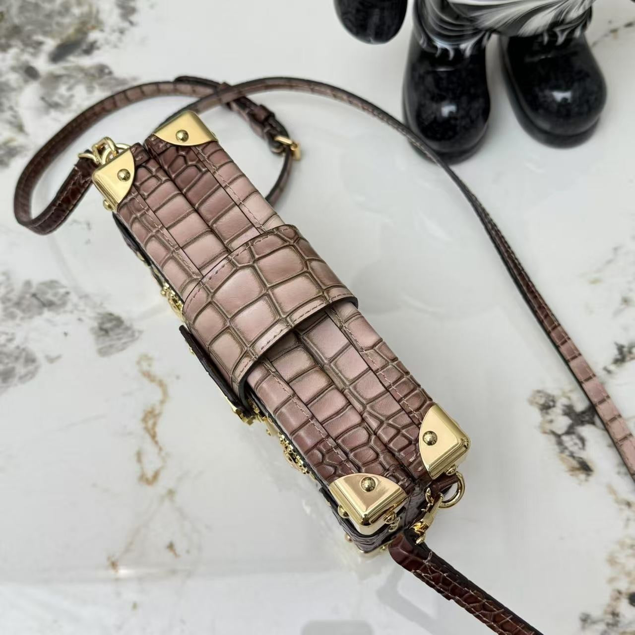 Petite Malle Crocodilian Leather Crossbody Bag