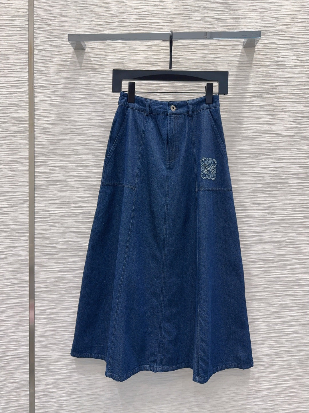 Anagram Embroidered Denim Midi Skirt – Deep Indigo Dark-Blue Structured Cotton Denim High-Rise Flared A-Line Skirt