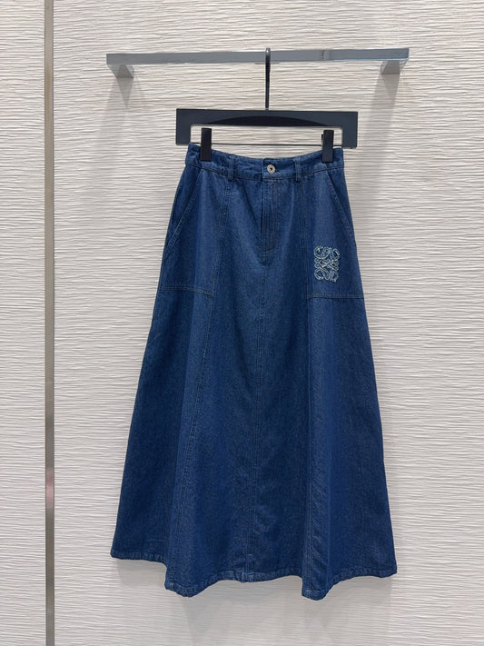 Anagram Embroidered Denim Midi Skirt – Deep Indigo Dark-Blue Structured Cotton Denim High-Rise Flared A-Line Skirt