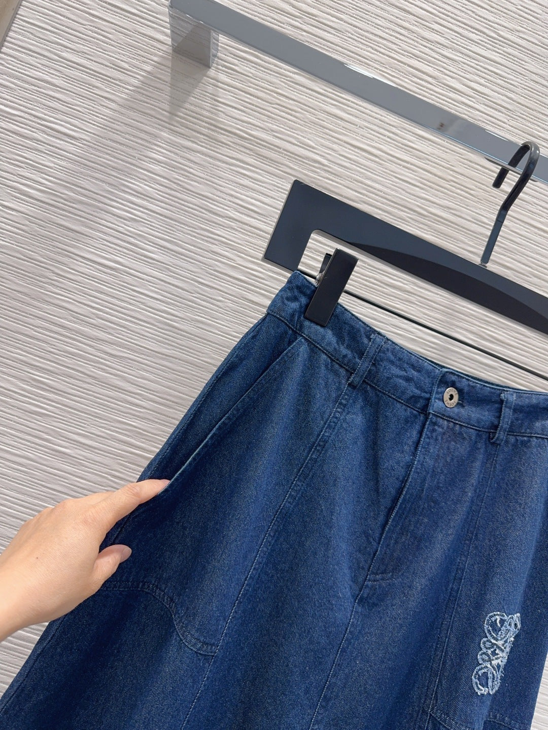 Anagram Embroidered Denim Midi Skirt – Deep Indigo Dark-Blue Structured Cotton Denim High-Rise Flared A-Line Skirt