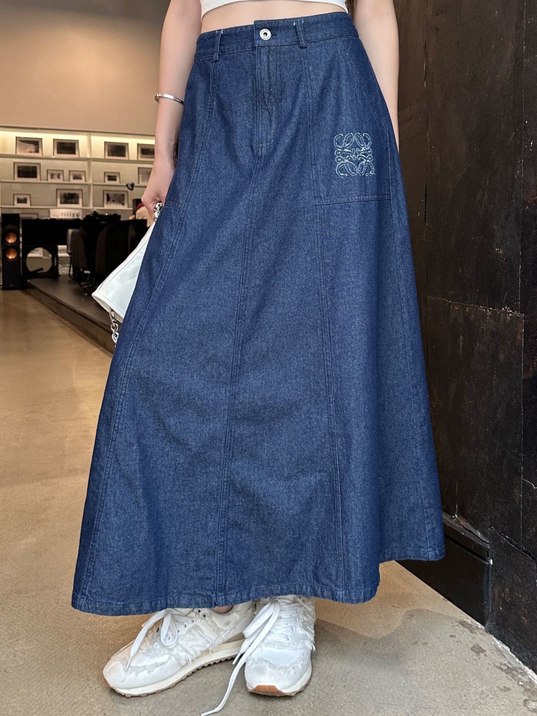 Anagram Embroidered Denim Midi Skirt – Deep Indigo Dark-Blue Structured Cotton Denim High-Rise Flared A-Line Skirt