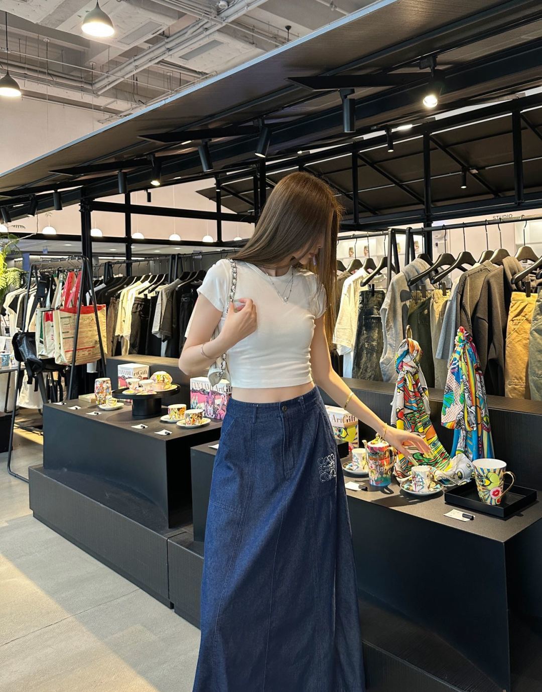 Anagram Embroidered Denim Midi Skirt – Deep Indigo Dark-Blue Structured Cotton Denim High-Rise Flared A-Line Skirt
