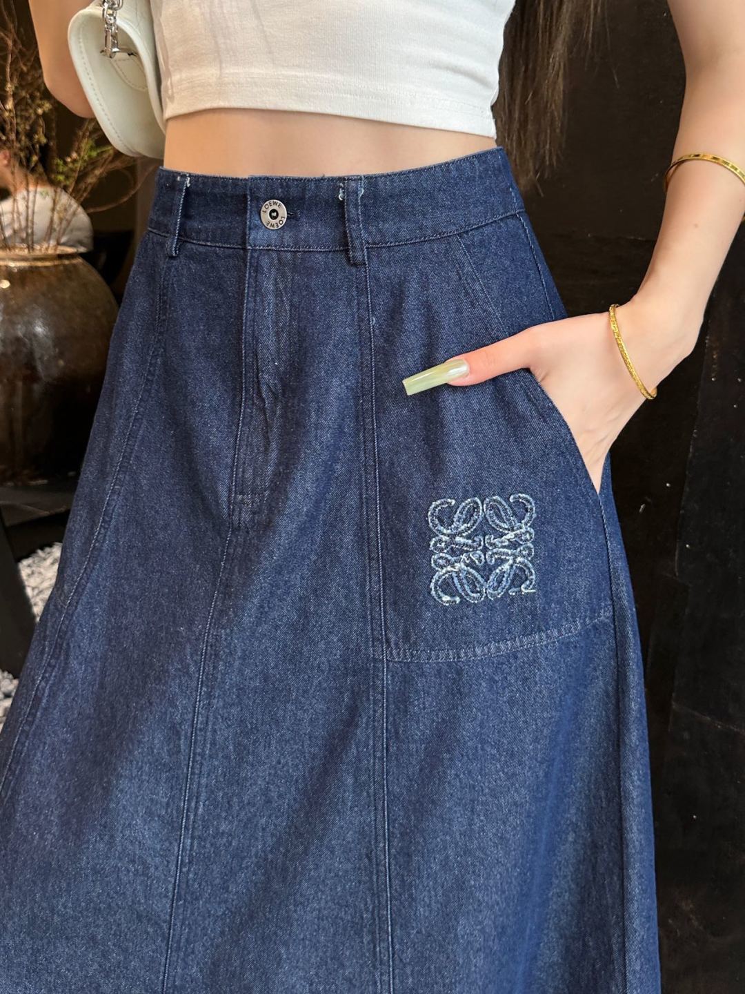 Anagram Embroidered Denim Midi Skirt – Deep Indigo Dark-Blue Structured Cotton Denim High-Rise Flared A-Line Skirt
