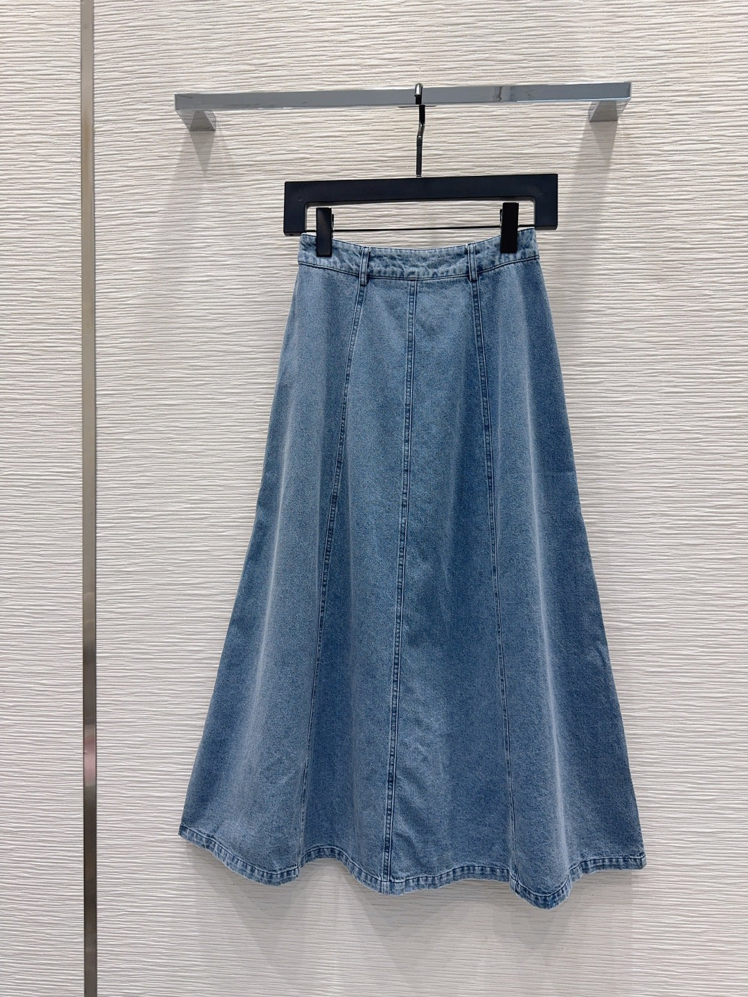 Anagram Embroidered Denim Midi Skirt – Deep Indigo Dark-Blue Structured Cotton Denim High-Rise Flared A-Line Skirt
