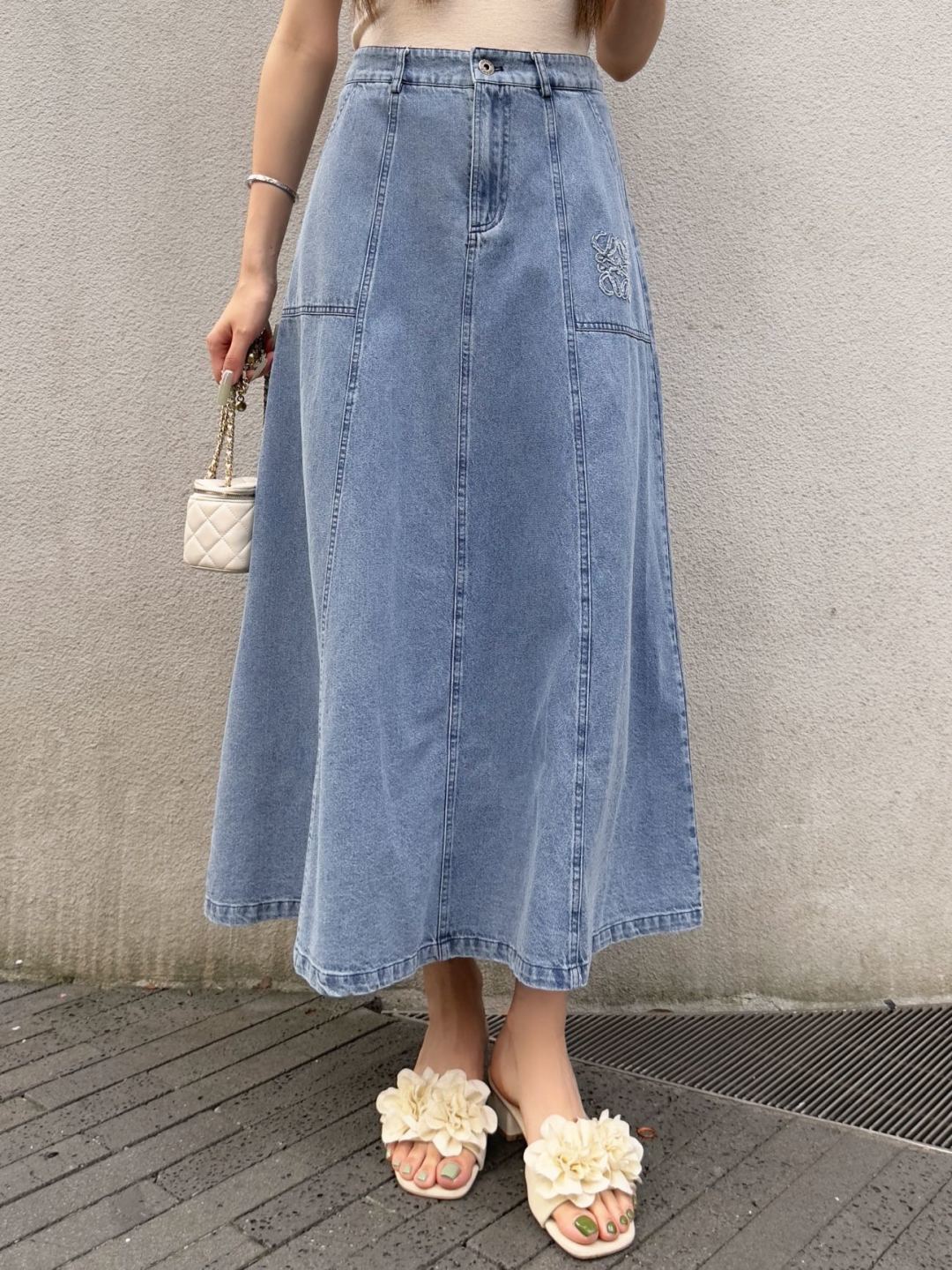 Anagram Embroidered Denim Midi Skirt – Deep Indigo Dark-Blue Structured Cotton Denim High-Rise Flared A-Line Skirt
