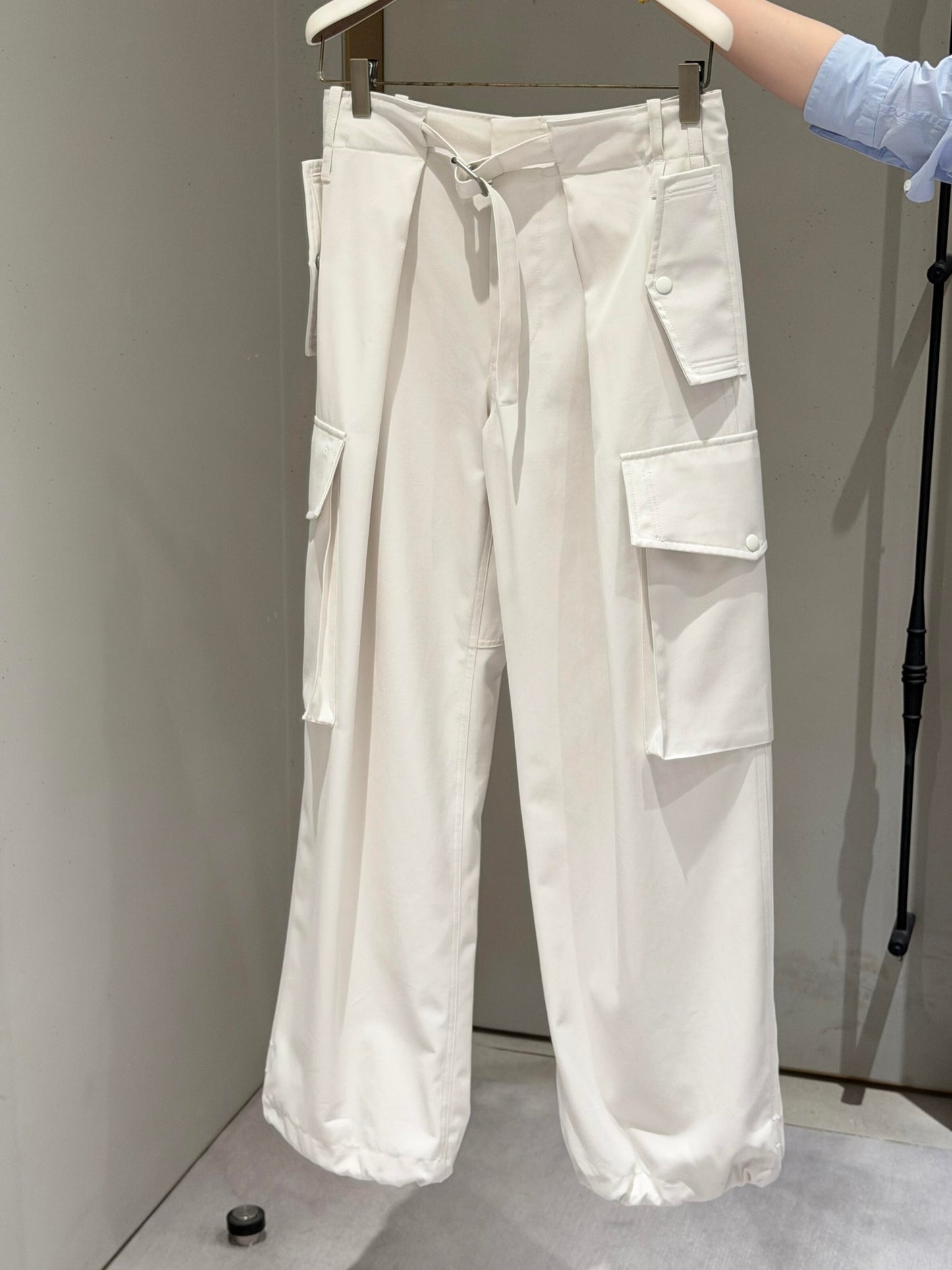 Cotton Cargo Pants – Optic White Crisp Cotton Canvas High-Waisted Wide-Leg Parachute Trousers