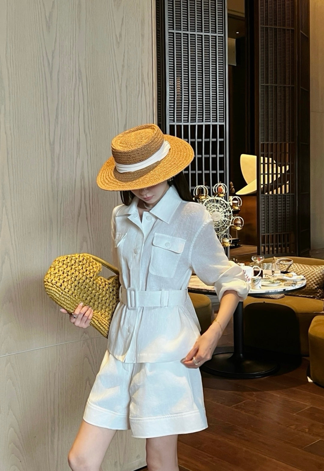 Belted Linen Jacket and Shorts Set – Pure Linen Shirt-Jacket and High-Waisted A-Line Shorts