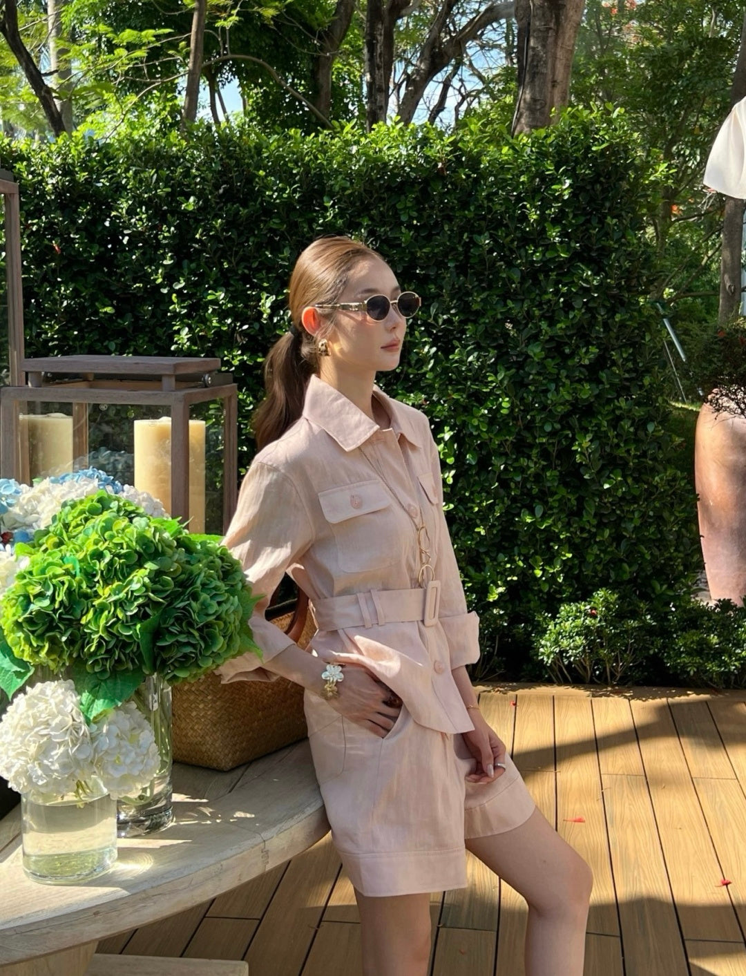 Belted Linen Jacket and Shorts Set – Pure Linen Shirt-Jacket and High-Waisted A-Line Shorts
